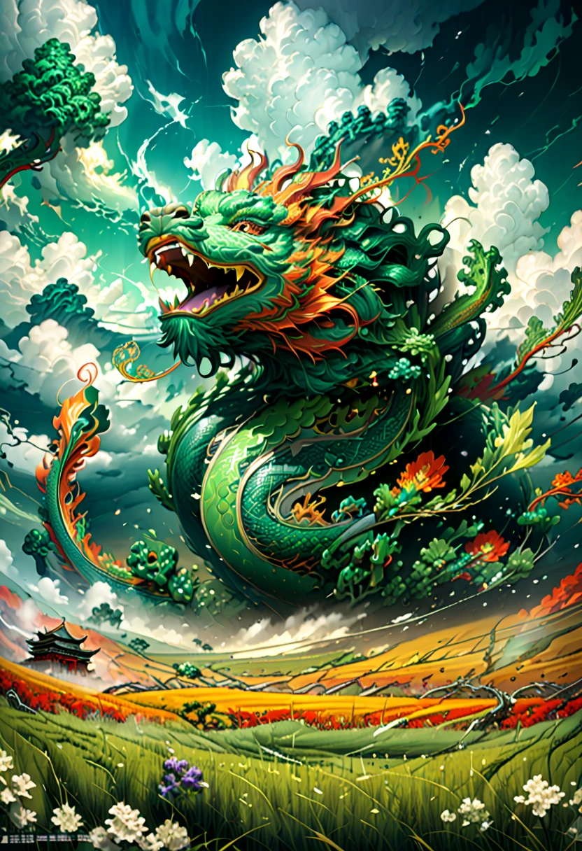 (The main subject: wide wide shot), The flame dark green, [Multicolored,(Chinese dragon anthropomorphism)], safe,dramatic clouds,(Go deep into the fields), Rich details​, (Wide sky), (sense of vastness),Energy and vitality, Complicated details.(Best quality, A high resolution, tmasterpiece:1.2), (actual:1.37), HighDynamicRange。