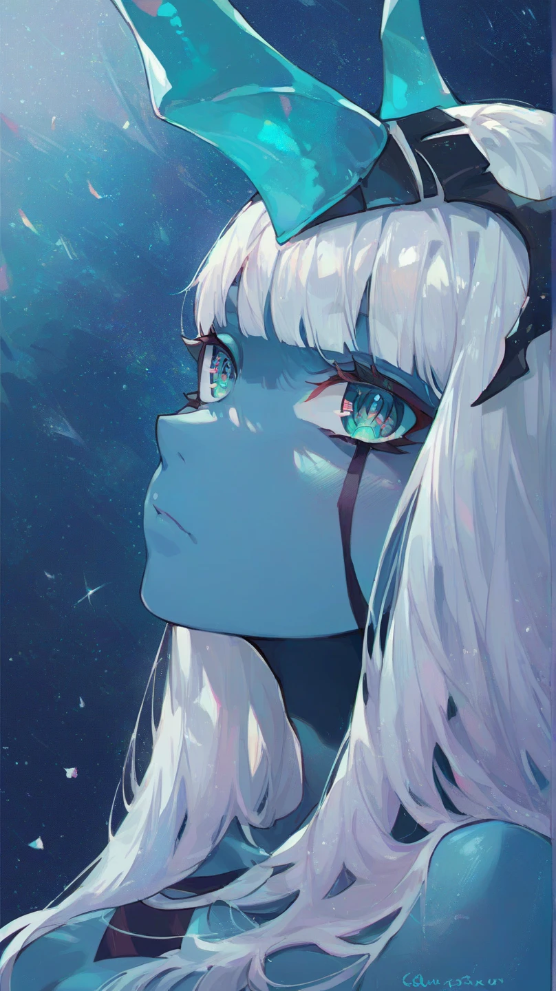 score_9, score_8_up, score_7_up, source_anime, masterpiece, perfectly detailed, detailed face, detailed eyes, beautiful eyes, Klaxosaur Princess, 001 (darling in the franxx), zero one (darling in the franxx), 1girl, horns, long hair, colored skin, looking at viewer, white hair, closed mouth, upper body, blunt bangs,Butcha,score_9_up,chest, 大きなchest, Gaze, Light blush, Bunny girl,chest元の開いた,whole body,Thighs,Looking up