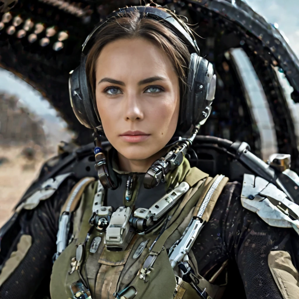 Highly detailed photo of a Women, SF soldier, 30yo, (Mech warrior of women mercenary, (body armor on bodysuit)), sitting like a queen, Stately and dignified, Very dissatisfied look, (headset, Powerful and beautiful eyes, 8K Ultra HD, Original photo, Model Photoshoot, Detailed skin, Skin imperfections, Photographed from directly in front, ((Female pilot sitting at the cockpit of Mech), Looking into the camera), upper body)