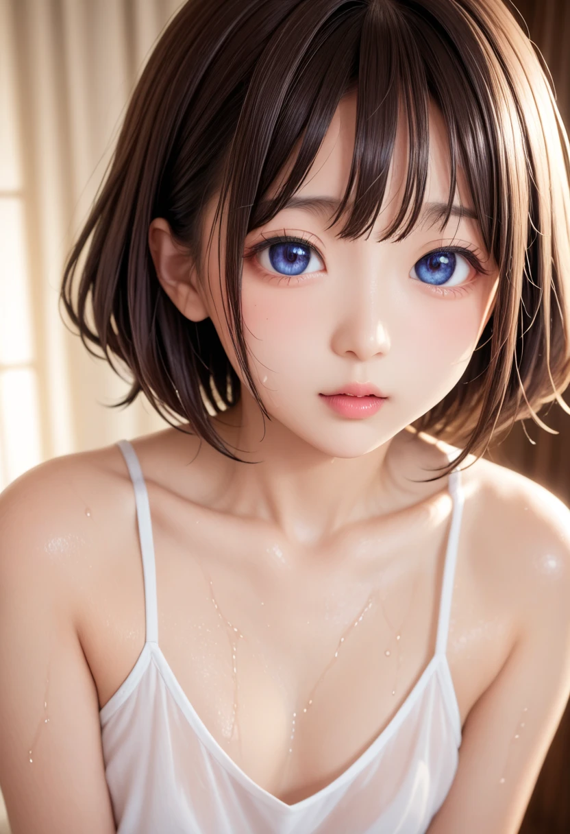 【【横たわる】】、ベッド、beautiful detailed girl、beautiful and fine eyes, huge file size, High resolution, very detailed, highest quality, [masterpiece:1.6], very detailed, cg, finely, highest quality, 8k wallpaper, movie lighting, 1 girl, ,small chest、Cute sagging eyes、beautiful big eyes、sweaty and wet、はだか、(the whole body is wet:1.2)、light in my eyes、short hair、