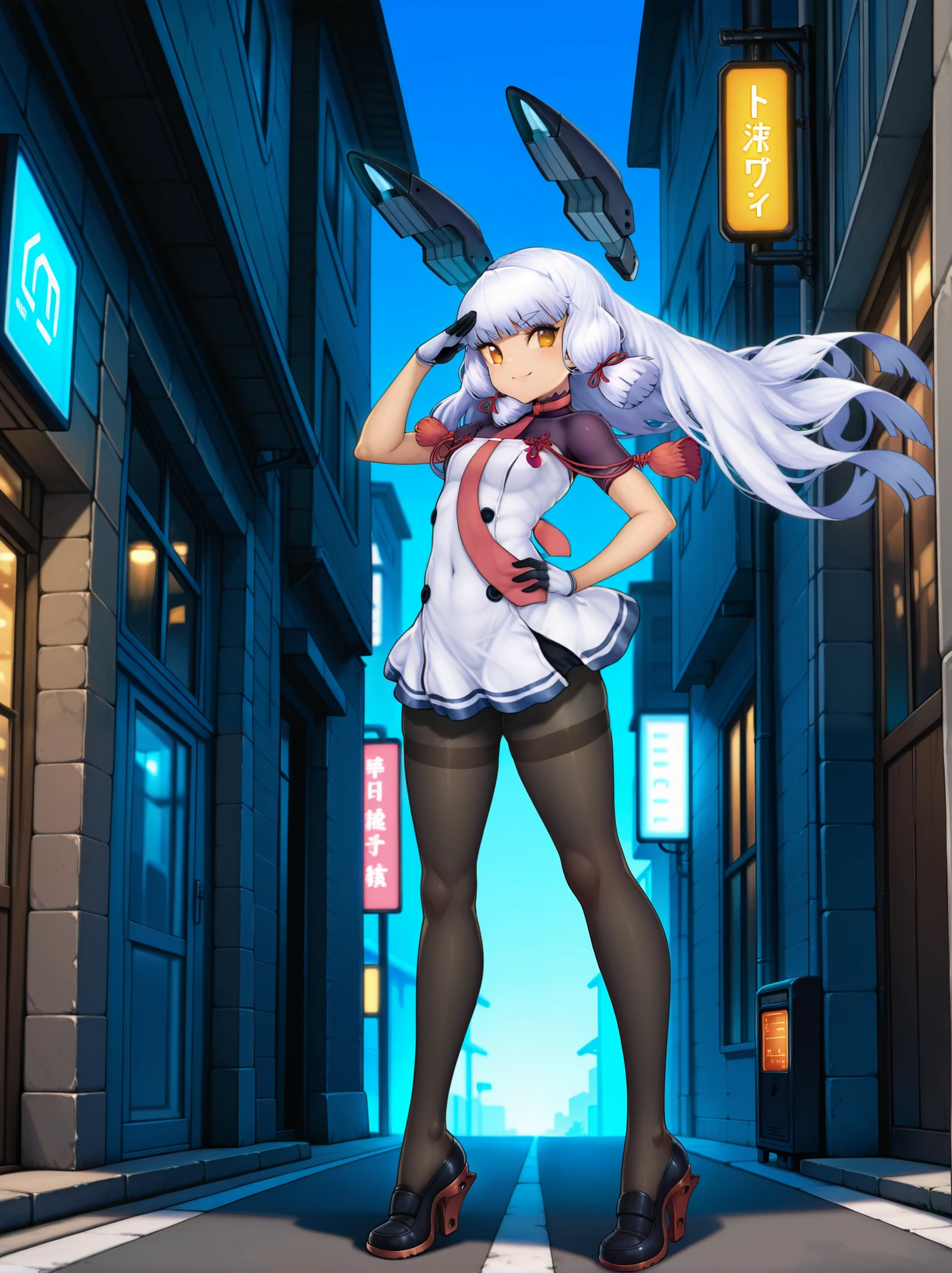  meter asterpiece, top quality ,aメートルazing quality,
Alone, One girl ,
masterpiece, top quality , High Definition , ULTRA DETAIL,Murakumo, headgear , Orange Eyes ,lOng hair,side lock,blunt bangs,hair ribbOn, red tie,(White Sailor Dress:1.2),( strapless dress:1.2),白いhand袋,( black pantyhose :1.2), high heels, outdoors on the street at night, standing,smile,salute,hand_On_Hip,