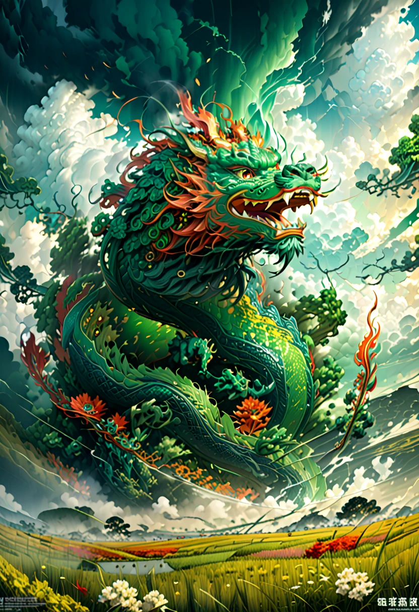 (The main subject: wide wide shot), The flame dark green, [Multicolored,(Chinese dragon anthropomorphism)], safe,dramatic clouds,(Go deep into the fields), Rich details​, (Wide sky), (sense of vastness),Energy and vitality, Complicated details.(Best quality, A high resolution, tmasterpiece:1.2), (actual:1.37), HighDynamicRange。