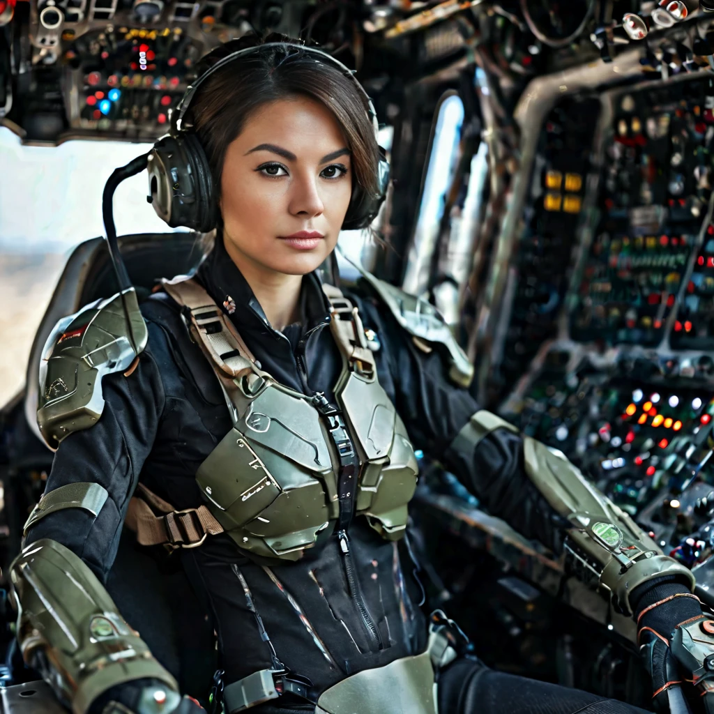 Highly detailed photo of a Women, SF soldier, 30yo, (Mech warrior of women mercenary, (body armor on bodysuit)), sitting like a queen, Stately and dignified, Very dissatisfied look, (headset, Powerful and beautiful eyes, 8K Ultra HD, Original photo, Model Photoshoot, Detailed skin, Skin imperfections, Photographed from directly in front, ((Female pilot sitting at the cockpit of Mech), Looking into the camera), upper body)