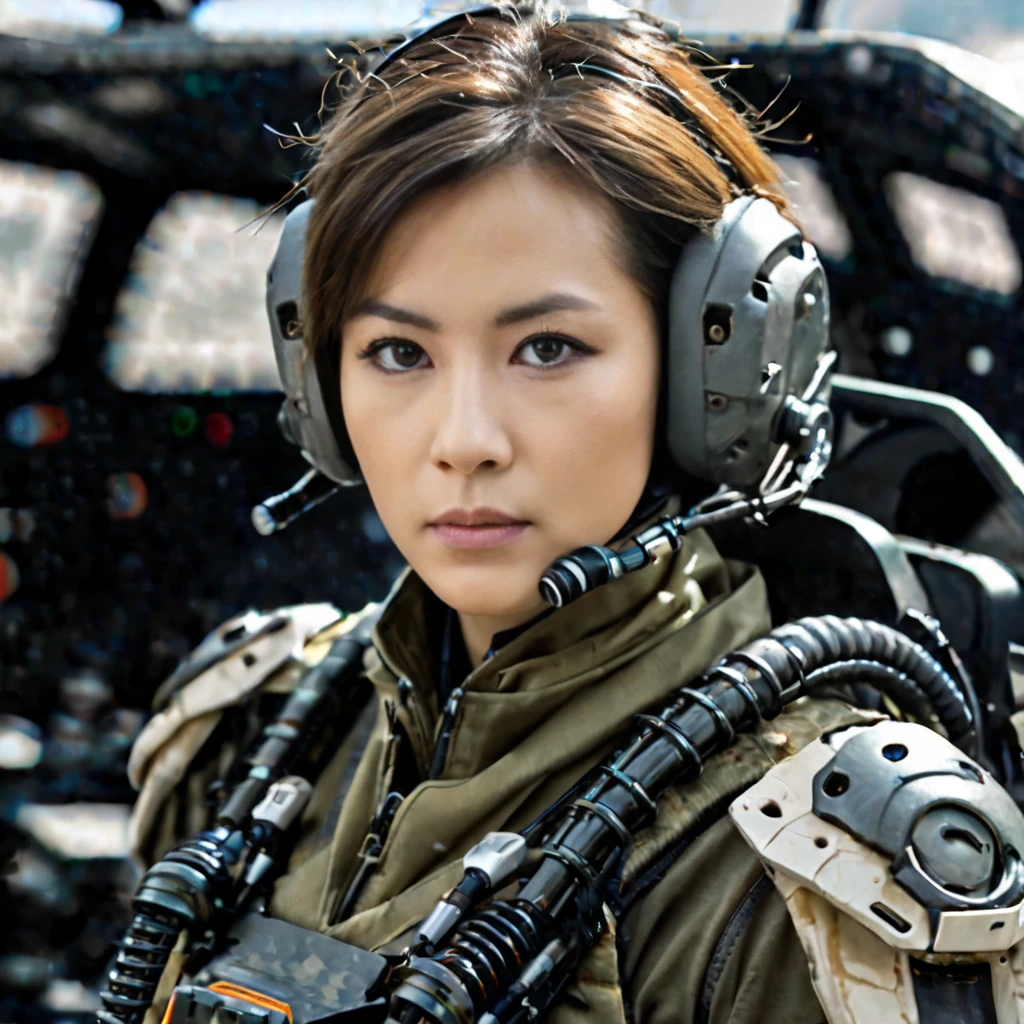 Highly detailed photo of a Women, SF soldier, 30yo, (Mech warrior of women mercenary, (body armor on bodysuit)), sitting like a queen, Stately and dignified, Very dissatisfied look, (headset, Powerful and beautiful eyes, 8K Ultra HD, Original photo, Model Photoshoot, Detailed skin, Skin imperfections, Photographed from directly in front, ((Female pilot sitting at the cockpit of Mech), Looking into the camera), upper body)