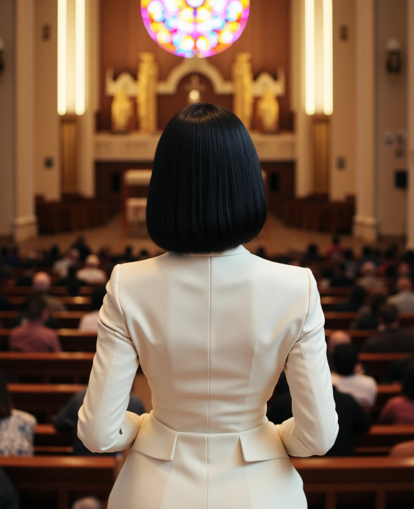 A confident Nicki Minaj with striking silk black bob hair, jewelry, wearing a divine goddess tight white suit, Nicki Minaj is seen from behind, Nicki is facing the opposite direction of the camera, face is not visible, ass focus, showing her ass to the camera. Nicki is the priestess of a church, Nicki is located on the elevated altar of the church, nicki is looking towards their submitted kneel devotees. The photo is took from the altar of the church, showing all the church devotees kneeled that are praying to Nicki Minaj before her, in the backroung we can see the devotees and the entrance of the church. The image is captured in a raw, unfiltered style with the Nikon Z8, highlighting the natural textures and rich detail in Nicki hair and clothing. Lights gets into the church behind Nicki from the big coloured rose window. Camera angle: waist-up shot, From above, showing strength and poise.