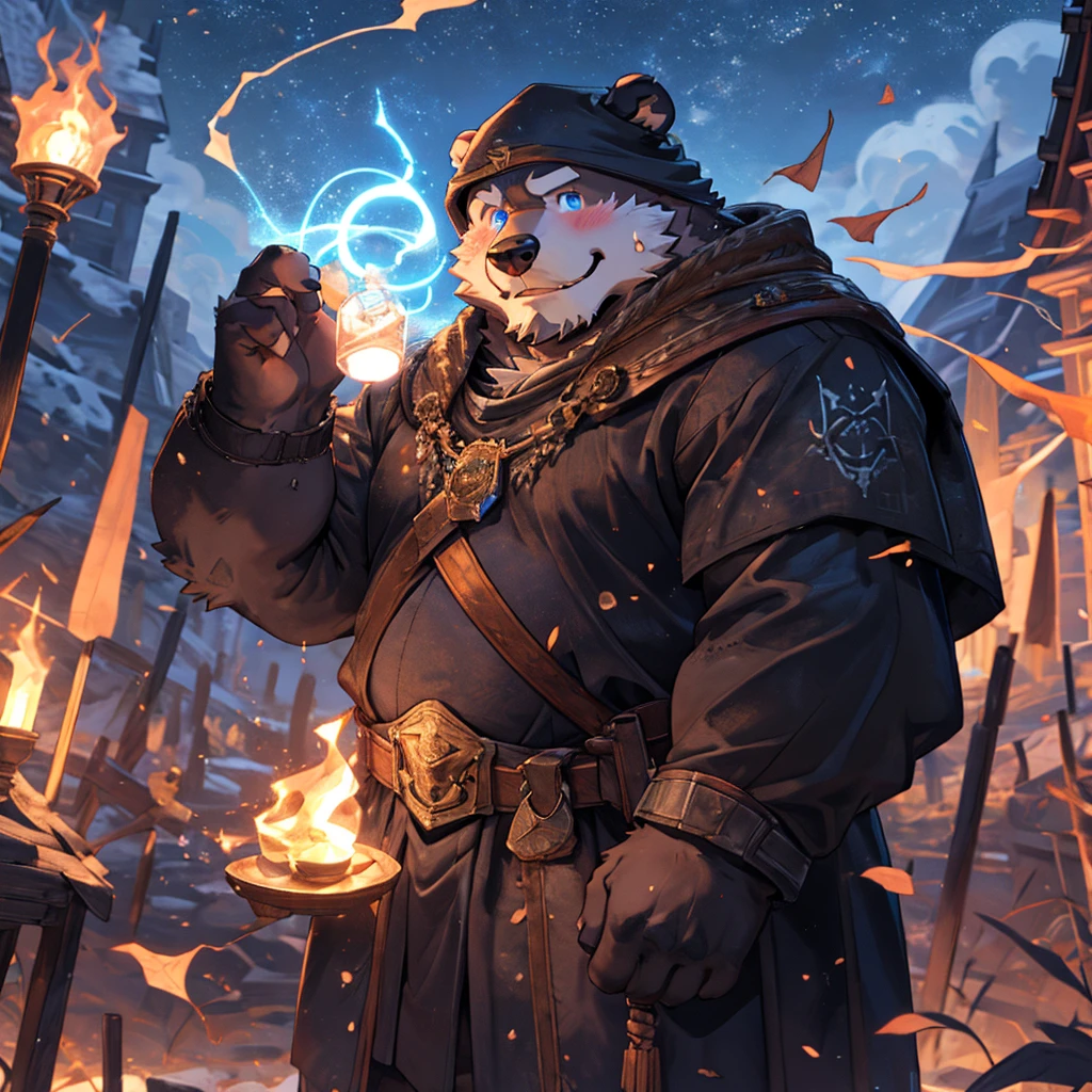 New Jersey 5 Furry，blackbear，White plush fur，Facing the camera，Exquisite， masterpiece, high quality, Absurd,  soft light, Solitary, clothing, mage, Detailed background, The, middle Ages, Dynamic poses, magic, Elemental magic, Luminescent, battlefield，sweat，Smile,  character focus. Detailed background, Amazing background,particle.masterpiece，Highest image quality ,4k quality，sweat,  blush. Oily，Solitary，Chubby，Fat，Muscular Thick arms，Rugged muscles，Brown plush fur，Chubby face，Black eyebrows，Sky blue eyes，Beard，Cover, high resolution, top quality, best quality, clothing, mage, Detailed background, The, middle Ages, Dynamic poses, magic, Elemental magic, Luminescent, battlefield，Smile ,blush.