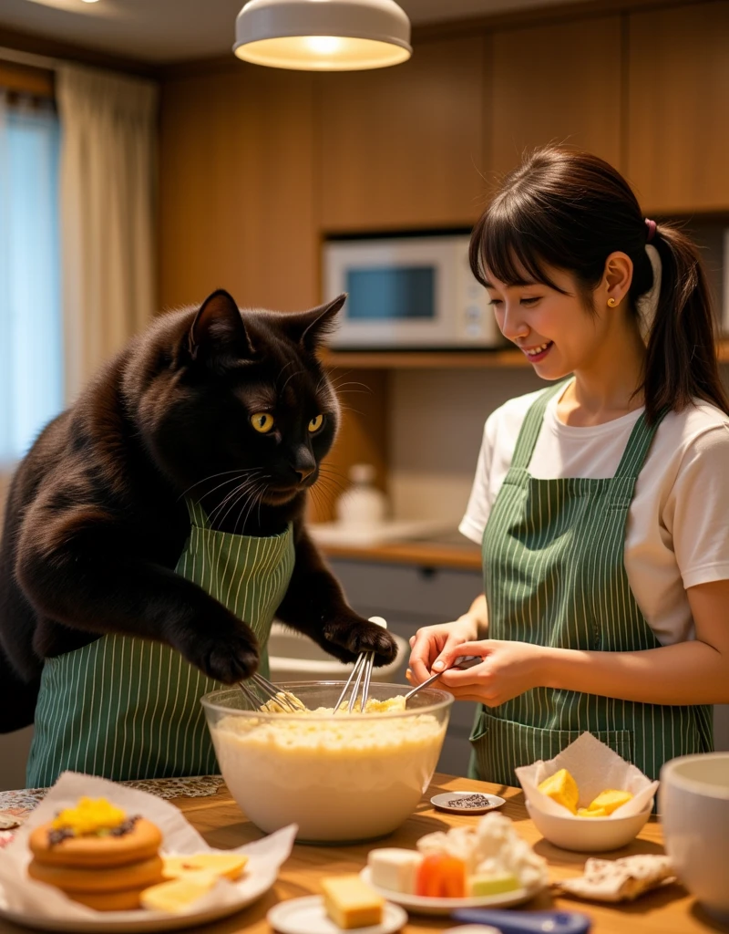 ultra-realistic, photorealistic, dramatic scene, shadow, global-illumination, (the human-like very large black chubby cat with vertical striped green apron is mixing the ingredients for the sponge cake in a bowl at the home kitchen in the stylish Japanese apartment room), (A beautiful with cute Japanese 20 years old woman is looking at the bowl), (20 years old woman with shoulder-length brown ponytail hair is showing big smile), they look so happy, a many kind of cooking tools are in the kitchen, gorgeously decorated with Christmas decorations in the room