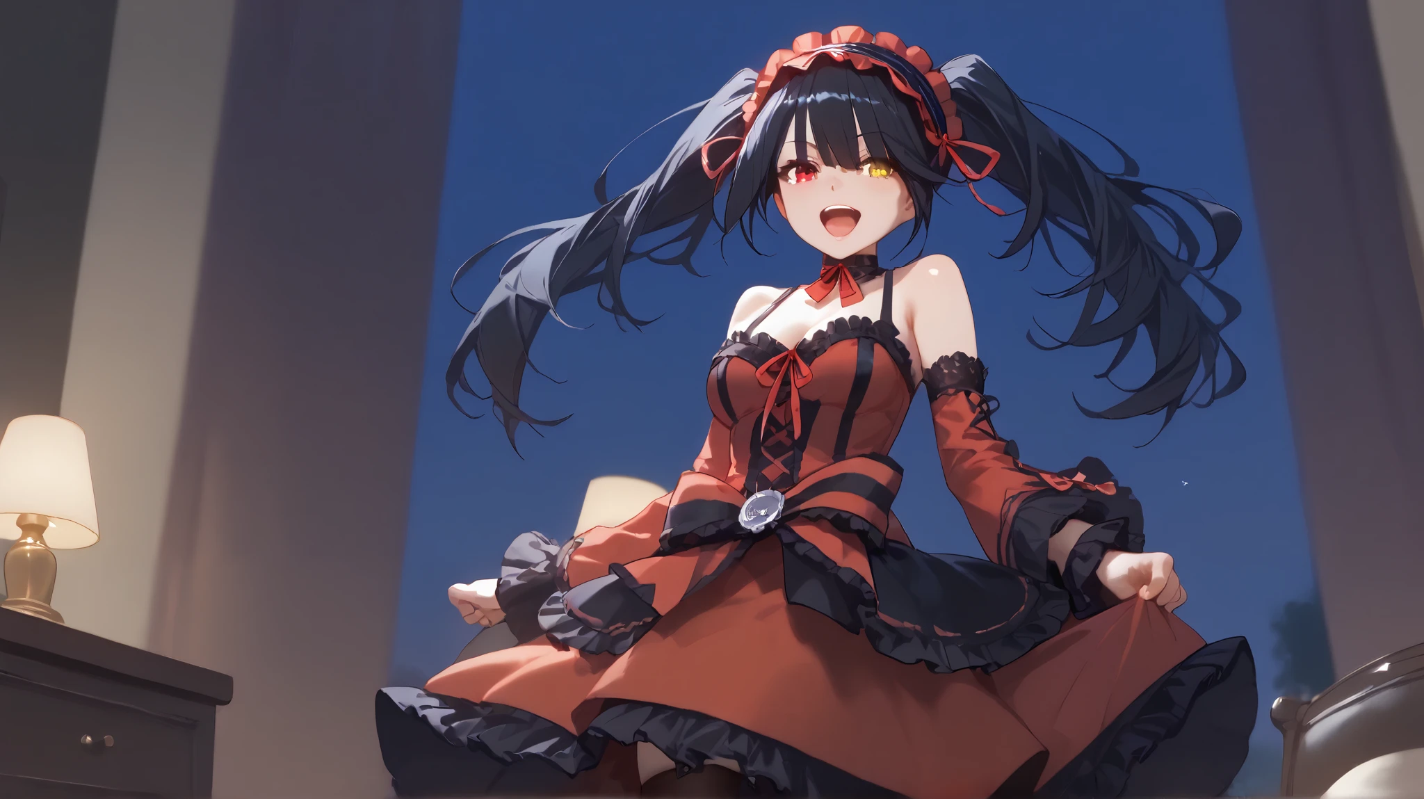 score_9,score_8_up,score_7_up, shiny skin, 1girl, KurumiBase, clock eyes, red eye, yellow eye, heterochromia, black hair, twintails, hairband, red dress, striped bow, frills, detached sleeves, frilled choker, black thighhighs, garter straps, lace-up boots, open mouth, singing