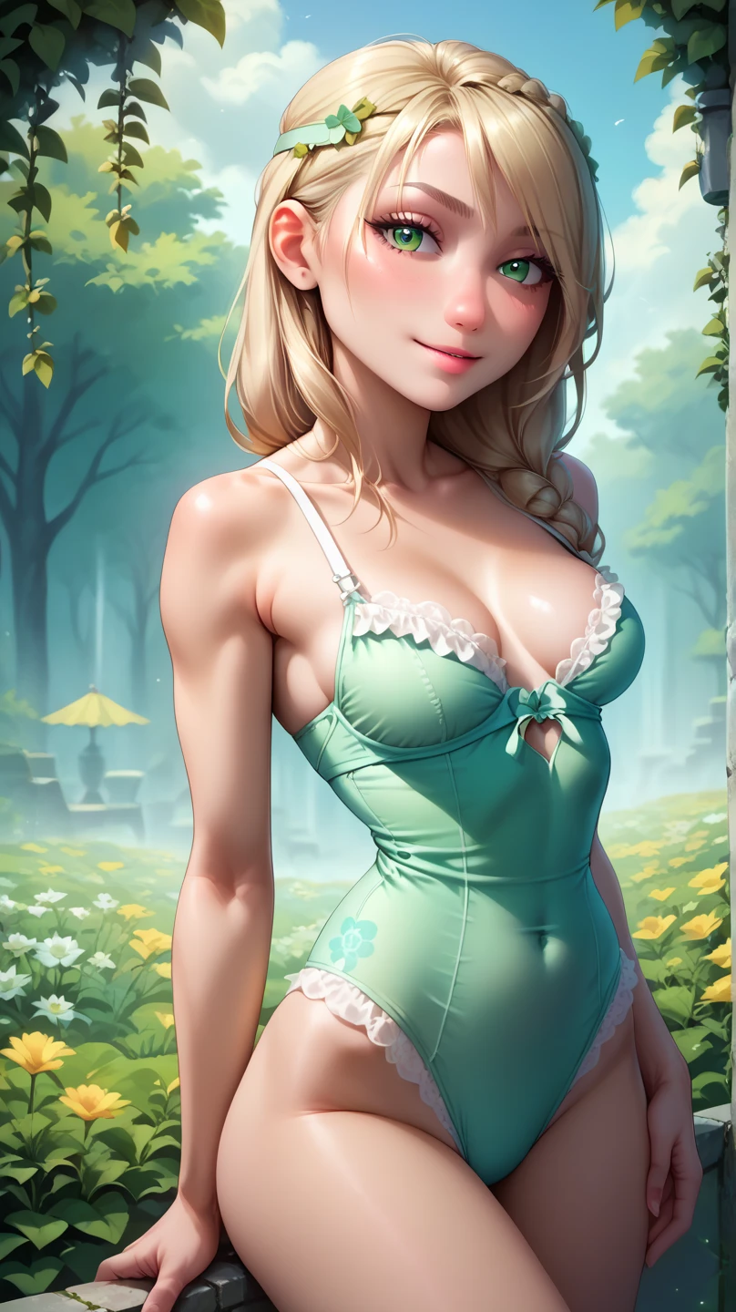 araffes in a green lingerie posing in a field, green bikini, topless, nice breast, naked,sexy girl, jaw-dropping beauty, jaw dropping beauty, green body, lacey, some green, scantily clad, gorgeous woman, gorgeous lady, laced lingerie, sexy :8, lingerie, sexy girl with green eyes, gorgeous female, 🐎🍑, blonde, lingeries beauty