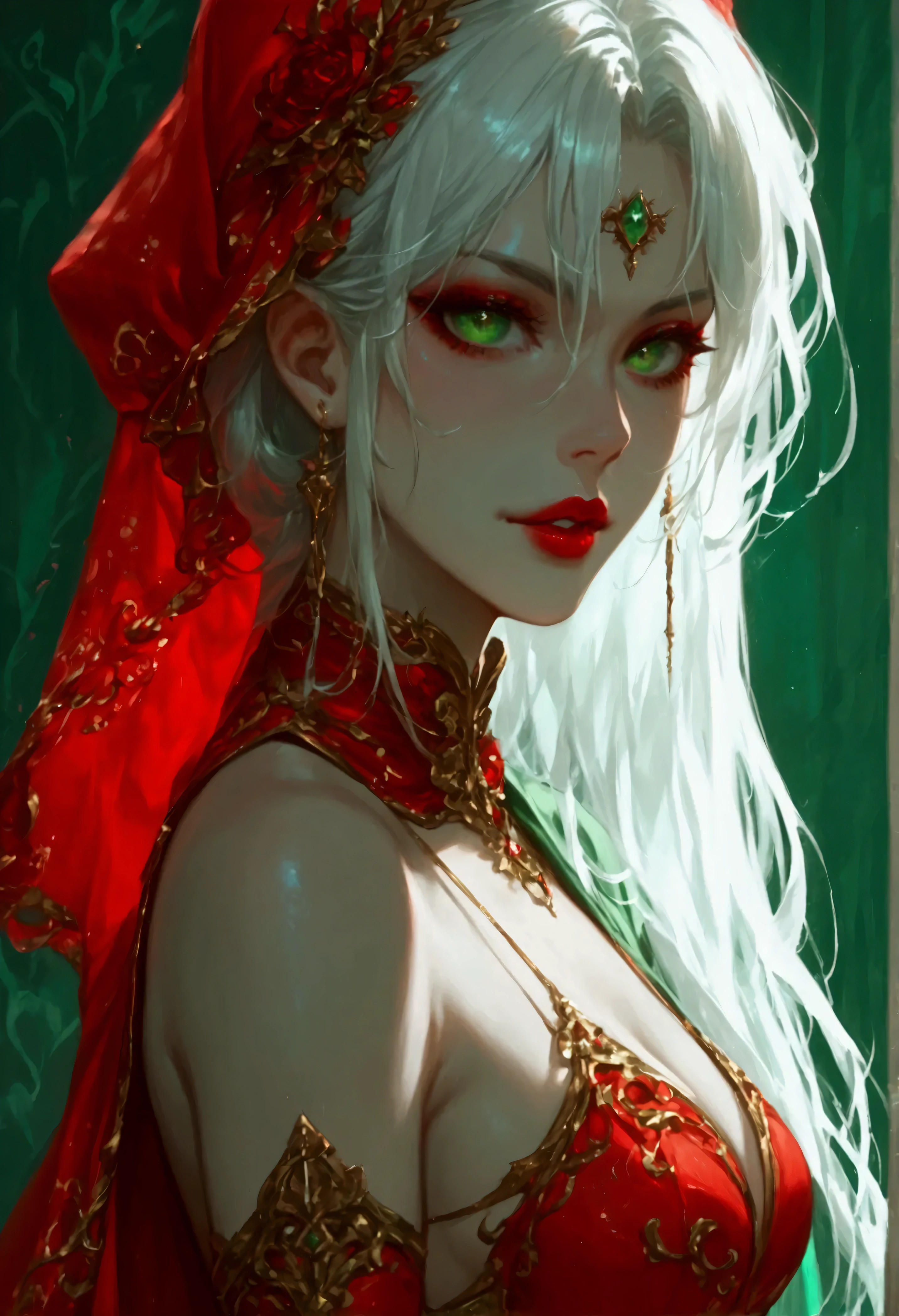 score_9, score_8_up, score_7_up, score_6_up, score_5_up, score_4_up, Arafed, a portrait of an vampire woman, exotic beauty, long hair, white hair, (emerald green eyes), dark red lips, glamour shot, she wears an (red: 1.3) elegant suit, (green cloak: 1.3), high heel boots, full body shot, 16k, ultra detailed, masterpiece, best quality, (extremely detailed), arafed, dnd art Cinematic Shot