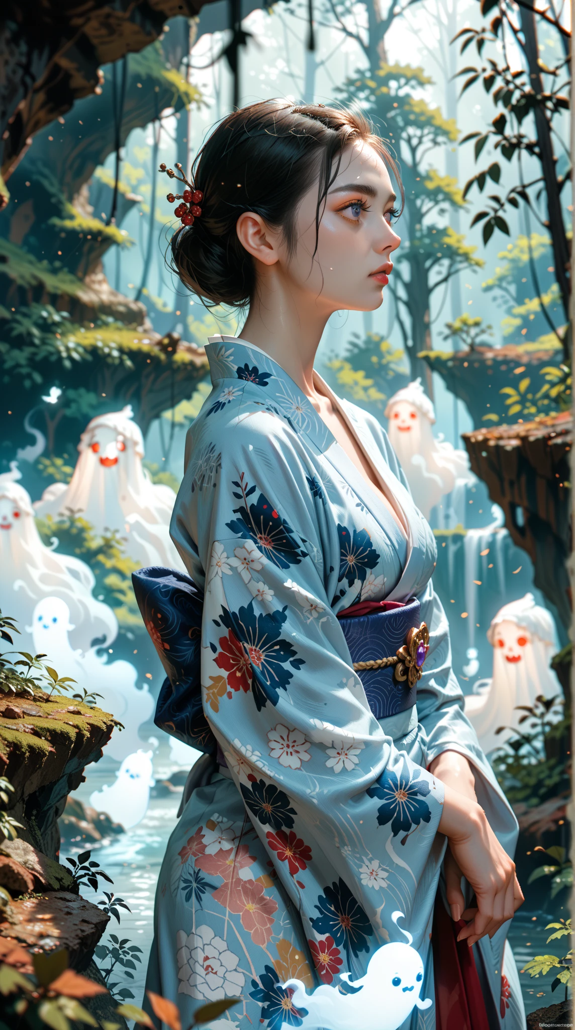  Dreamy Ghosts ，A woman with dead bones， Wearing a Gorgeous Japanese Kimono ， Standing in a misty deep forest canyon， Expecting Eyes ， looking ahead，