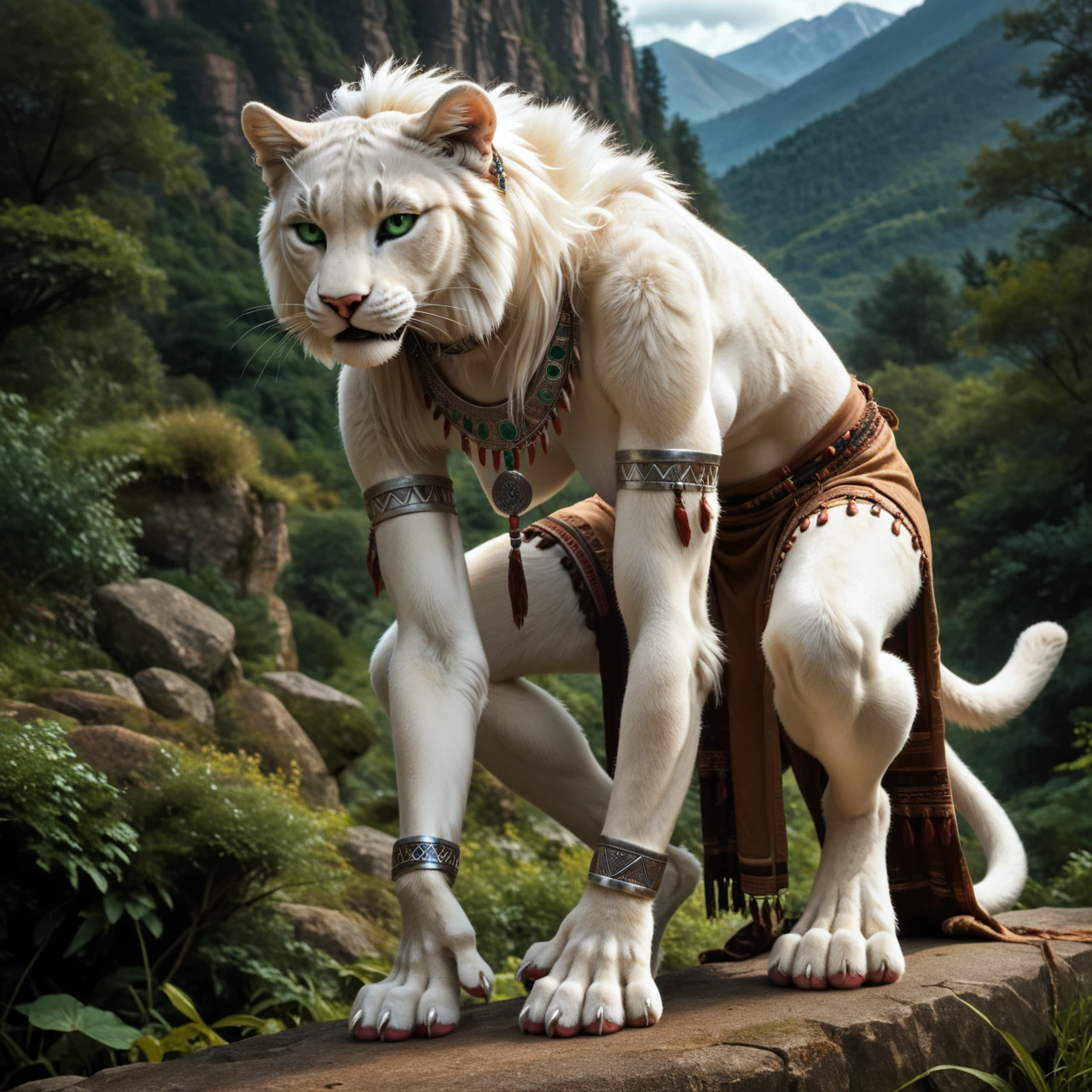 score_9, score_8_up, score_7_up, score_6_up, white panther, female, with mane, indian archer, indian tribal clothing, anthro, felid, feline, does a split, human-like hands, (detailed background), nature, in the high mountains, white fur, (solo), high quality, furred body, paws, handpaw, fluffy, silver bracelets on all legs, silver bracelets on the calf, with claws, silver collar with medallion, intense panther-coat-pattern on the entire body, (detailed eyes, green eyes), slightly muscled, highly detailed, realistic white fur, beautiful, photorealism, photorealistic, dslr, photo, expressive, full body, pawpads, paw pads, dutch angle