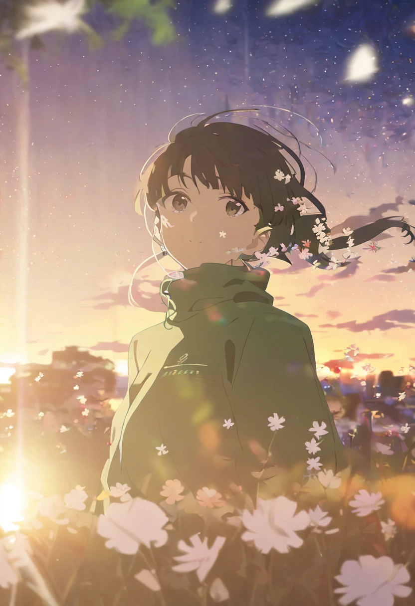 1 Girl，Sunset， atmosphere under the stars，Beautiful light and shadow，Too many thrown flowers block the face，Blurred foreground， brown angled ponytail ，Green sweatshirt