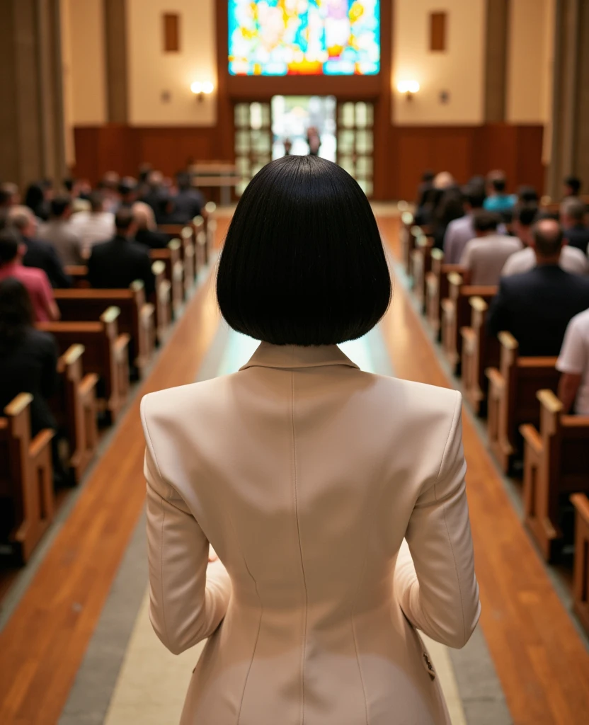 A confident Nicki Minaj with striking silk black bob hair, jewelry, wearing a divine goddess tight white suit, high heels, Nicki Minaj is seen from behind, Nicki is facing the opposite direction of the camera, face is not visible,((( perfect ass, ass focus))), showing her ass to the camera. Nicki is the priestess of a church, Nicki is located on the elevated altar of the church, nicki is looking towards their submitted kneel devotees. The photo is took from the altar of the church, showing all the church devotees kneeled that are praying to Nicki Minaj before her, in the backroung we can see the devotees and the entrance of the church, devotees are directed towards Nicki, the devotees are looking at nicki that is their goddess, devotees focus in this picture is Nicki Minaj. The image is captured in a raw, unfiltered style with the Nikon Z8, highlighting the natural textures and rich detail in Nicki hair and clothing. Lights gets into the church behind Nicki from the big coloured rose window. Camera angle: full body view, From above, showing strength and poise.