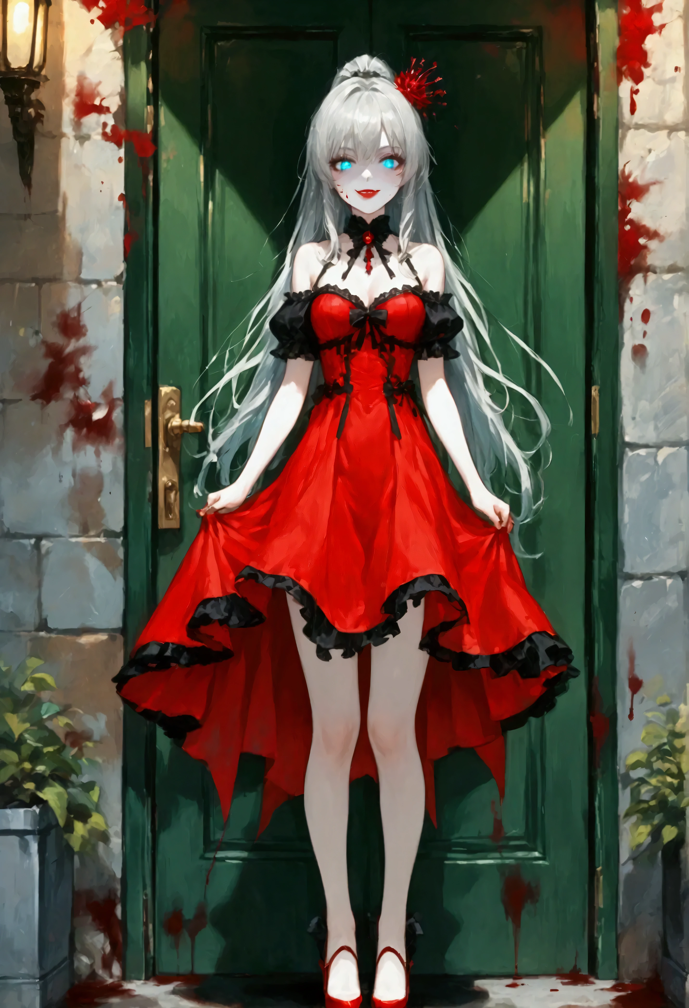 score_9, score_8_up, score_7_up, score_6_up, score_5_up, score_4_up, a picture of vampire standing in the front of her home holding a (blood: 1.3) dripping (gift box: 1.5), an exquisite beautiful female vampire in her front door of her home, full body (ultra detailed, Masterpiece, best quality), ultra detailed face (ultra detailed, Masterpiece, best quality), grey skin: 1.3 , blond hair, hair in a ponytail, long hair, blue eyes, cold eyes, glowing eyes, intense eyes, smile with [drops of blood on face] (ultra detailed, Masterpiece, best quality), dark red lips, [vampire fangs], wearing red dress (ultra detailed, Masterpiece, best quality), (green: 1.4) dark green cloak, (green: 1.3) green high heeled boots in front of her home, high details, best quality, 16k, [ultra detailed], masterpiece, best quality, (ultra detailed), full body, ultra wide shot, photorealism, luis royo style, dark fantasy art, moon light coming through the window, moon rays, gothic art, sense of dread, sense of seduction,