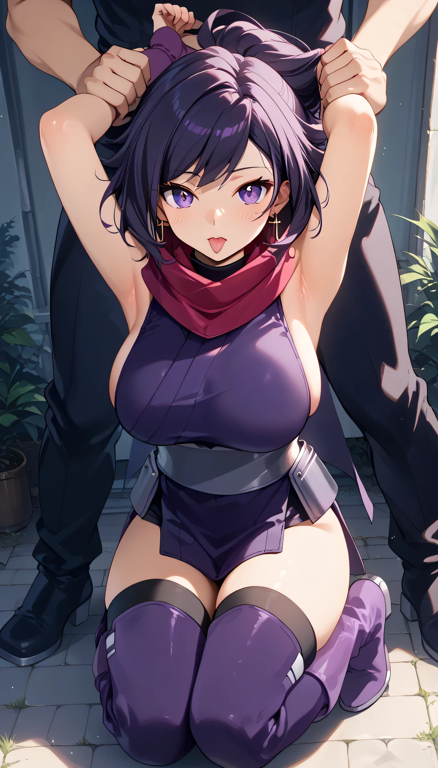    One Girl   ，iris ，   Kunoichi，紺色の髪，     PURPLE EYES，  Ninja costume(   Red Scarf  ，Deep purple kimono，   sleeveless  ，Big Breasts，light purple arm covers，    Black Knee High   ，purple long boots  ，)，   is opening her mouth，   sticking out the tongue   ，   sigh，Ahe facial sweat ， blush， kneeling， Arm up ， holding both arms by a man behind，Outdoor，masterpiece