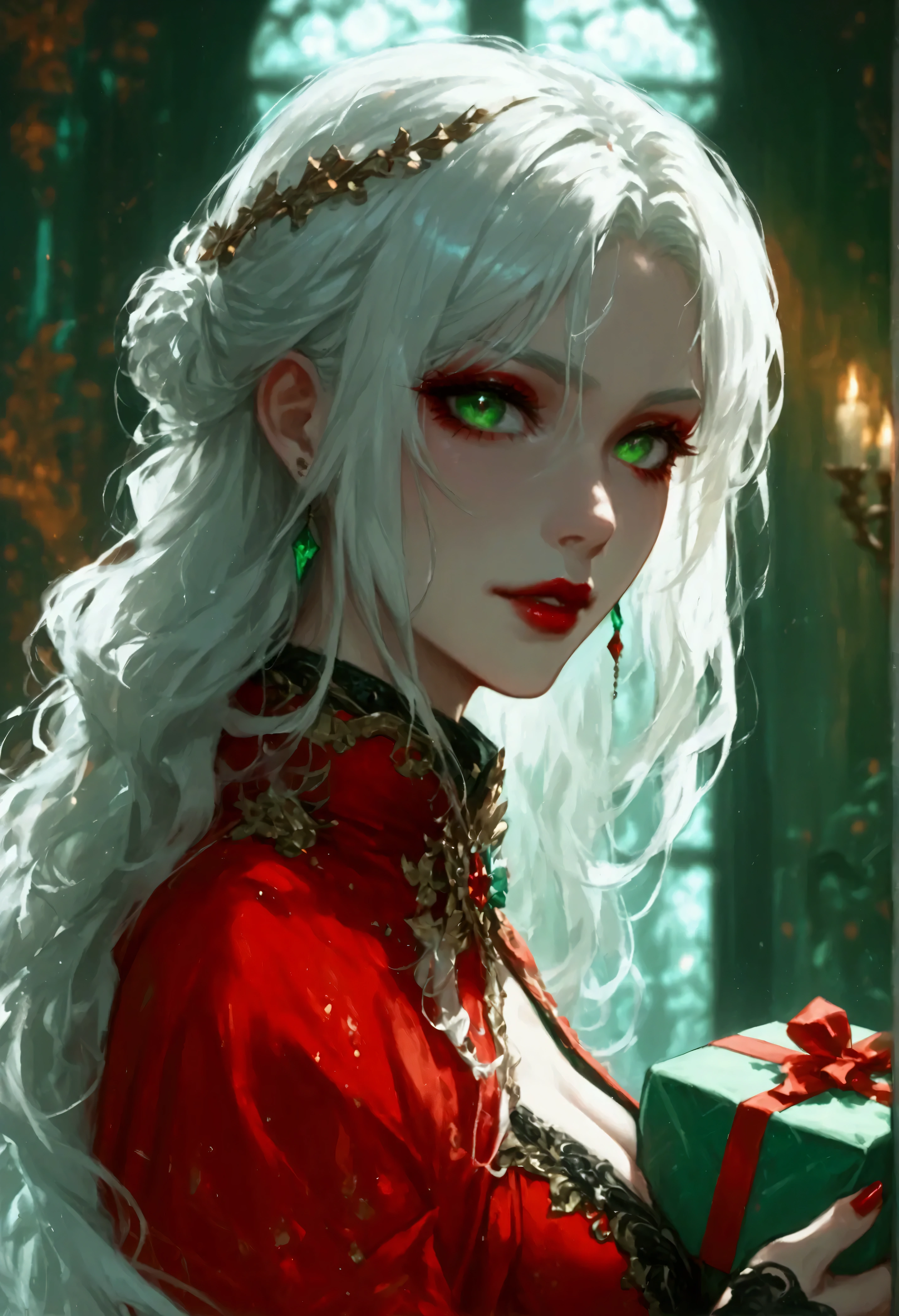 score_9, score_8_up, score_7_up, score_6_up, score_5_up, score_4_up, Arafed, a portrait of an vampire woman carrying wrapped gift, drpping blood, exotic beauty, long hair, white hair, (emerald green eyes), dark red lips, glamour shot, she wears an (red: 1.3) elegant suit, (green cloak: 1.3), high heel boots, full body shot, 16k, ultra detailed, masterpiece, best quality, (extremely detailed), arafed, dnd art Cinematic Shot