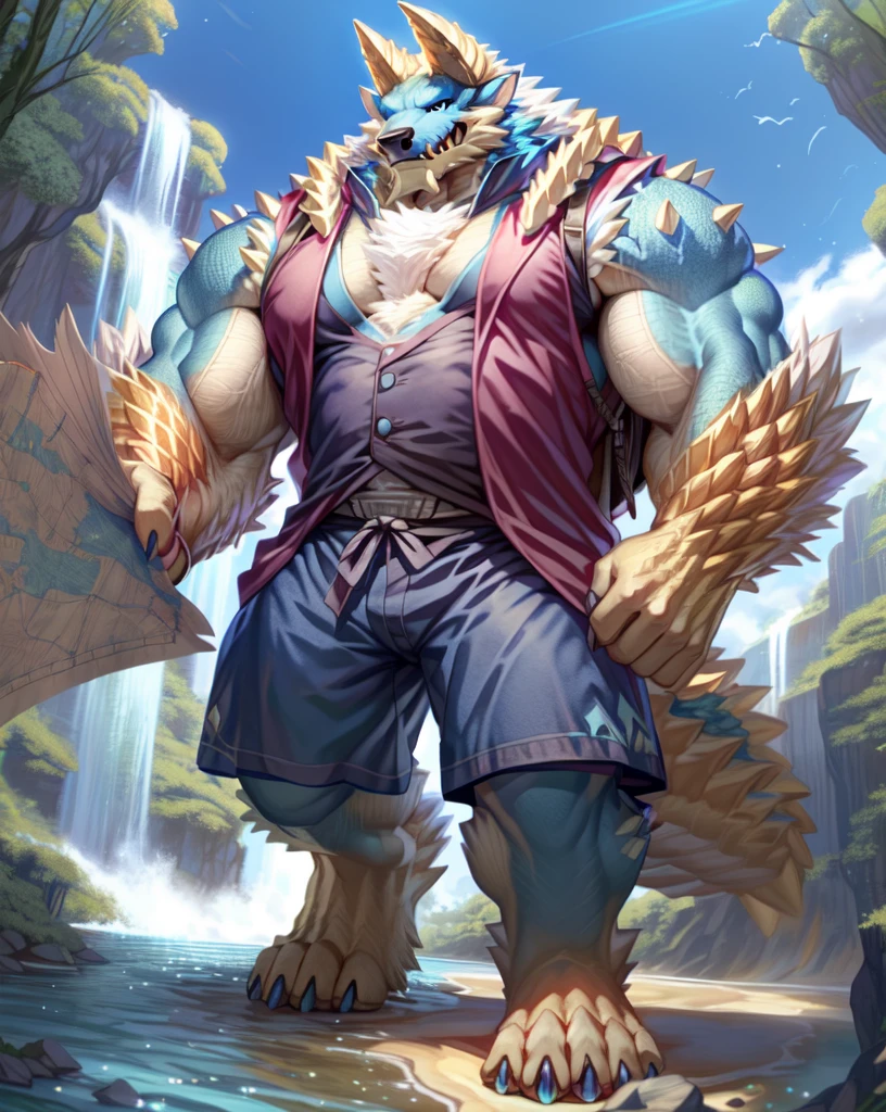 anthro,(zinogre:1.2),tail,((full body,blue eyes, blue body, white furry, yellow hand, yellow feet, blue face,4TOES,TAILS )),((horns)),muscular, nipples, map, (HOLDING MAP),waterfall, 
sharp teeth, spikes, detailed hands, TRAVELER ,spikes, DETAILED FEET, ((rucksack, )), ((travel clothing, vest, )), river, 
(by null-ghost,by raccoon21,masterpiece, high quality), (Massiv:8.0, ( heavyweight ,stark,Macro, accentuate the huge size))