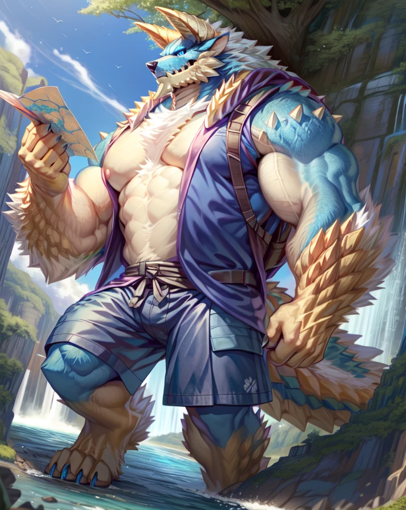 anthro,(zinogre:1.2),tail,((full body,blue eyes, blue body, white furry, yellow hand, yellow feet, blue face,4TOES,TAILS )),((horns)),muscular, nipples, map, (HOLDING MAP),waterfall, 
sharp teeth, spikes, detailed hands, TRAVELER ,spikes, DETAILED FEET, ((rucksack, )), ((travel clothing, vest, )), river, 
(by null-ghost,by raccoon21,masterpiece, high quality), (Massiv:8.0, ( heavyweight ,stark,Macro, accentuate the huge size))