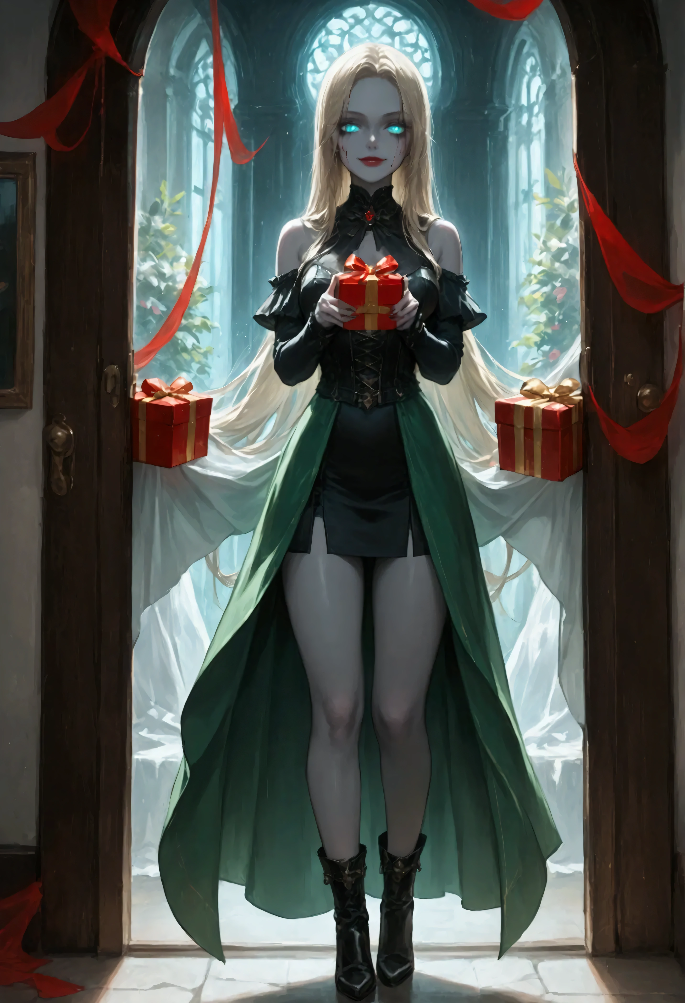 score_9, score_8_up, score_7_up, score_6_up, score_5_up, score_4_up, a picture of vampire standing in the front of her home holding a (blood: 1.3) dripping (gift box: 1.5), an exquisite beautiful female vampire in her front door of her home, full body (ultra detailed, Masterpiece, best quality), ultra detailed face (ultra detailed, Masterpiece, best quality), grey skin: 1.3 , blond hair, hair in a ponytail, long hair, blue eyes, cold eyes, glowing eyes, intense eyes, smile with [drops of blood on face] (ultra detailed, Masterpiece, best quality), dark red lips, [vampire fangs], wearing red dress (ultra detailed, Masterpiece, best quality), (green: 1.4) dark green cloak, (green: 1.3) green high heeled boots in front of her home, high details, best quality, 16k, [ultra detailed], masterpiece, best quality, (ultra detailed), full body, ultra wide shot, photorealism, luis royo style, dark fantasy art, moon light coming through the window, moon rays, gothic art, sense of dread, sense of seduction,