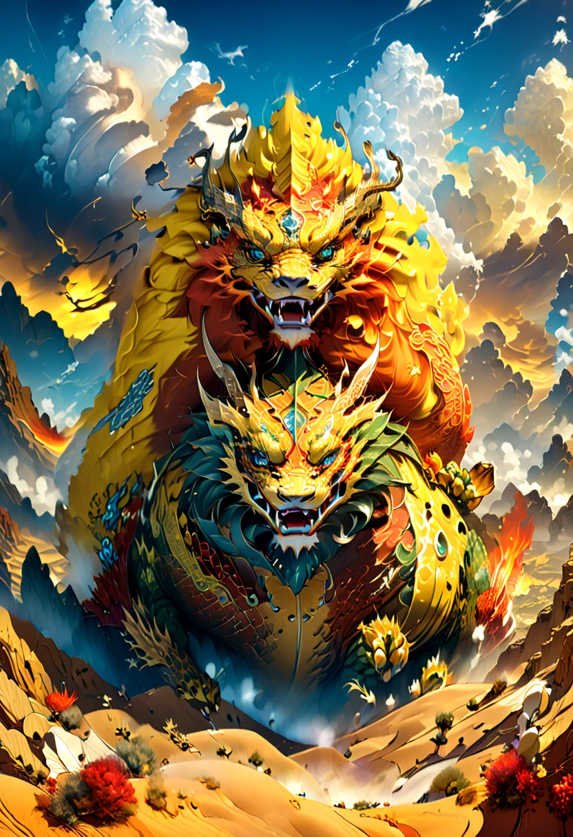 (The main subject: wide wide shot), The flame yellow, [Multicolored,(Chinese dragon anthropomorphism)], safe,dramatic clouds,(over the dessert), Rich details​, (Wide sky), (sense of vastness),Energy and vitality, Complicated details.(Best quality, A high resolution, tmasterpiece:1.2), (actual:1.37), HighDynamicRange。