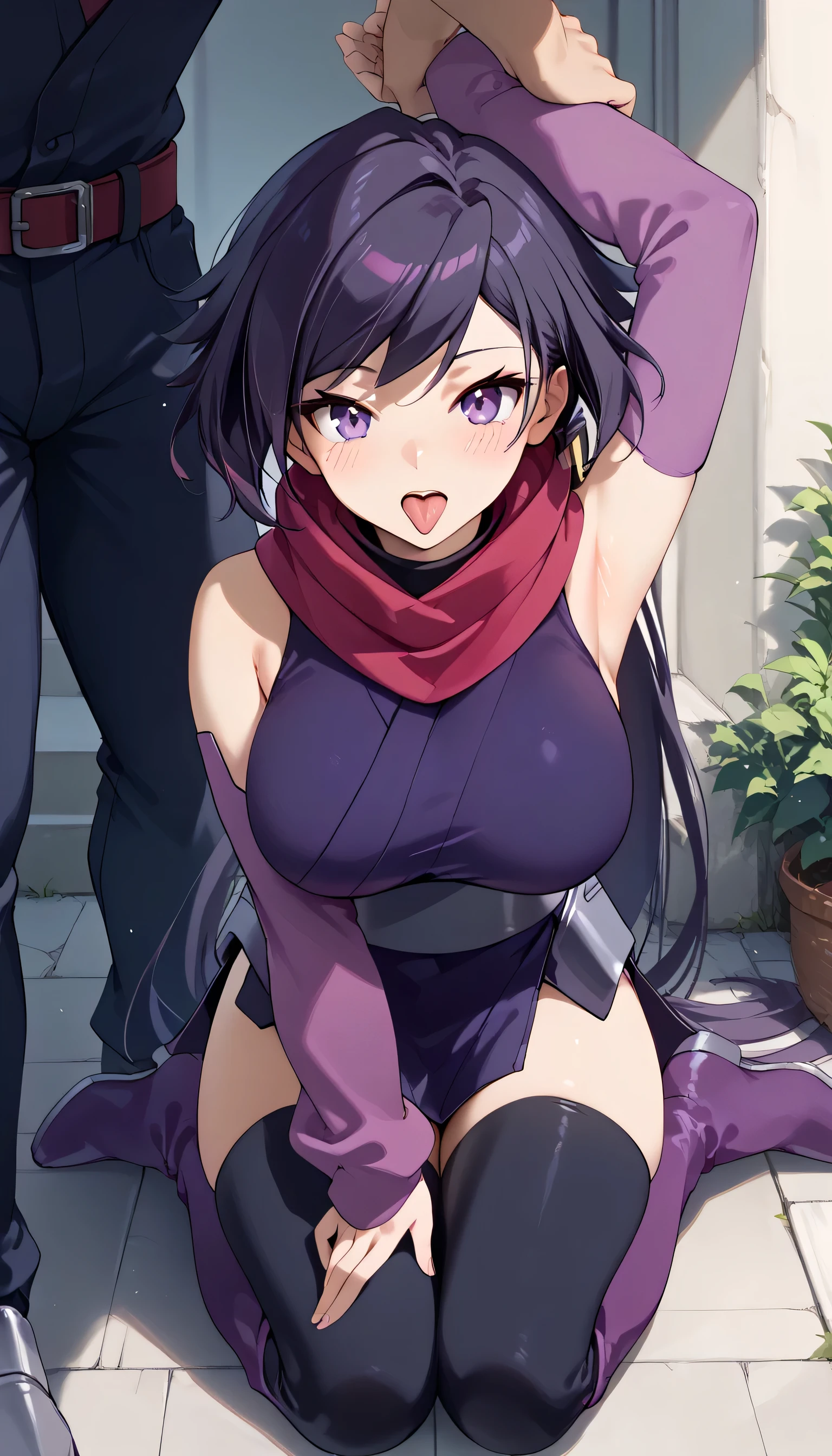    One Girl   ，iris ，   Kunoichi，紺色の髪，     PURPLE EYES，  Ninja costume(   Red Scarf  ，Deep purple kimono，   sleeveless  ，Big Breasts，light purple arm covers，    Black Knee High   ，purple long boots  ，)，   is opening her mouth，   sticking out the tongue   ，   sigh，Ahe facial sweat ， blush， kneeling， Arm up ， holding both arms by a man behind，Outdoor，masterpiece