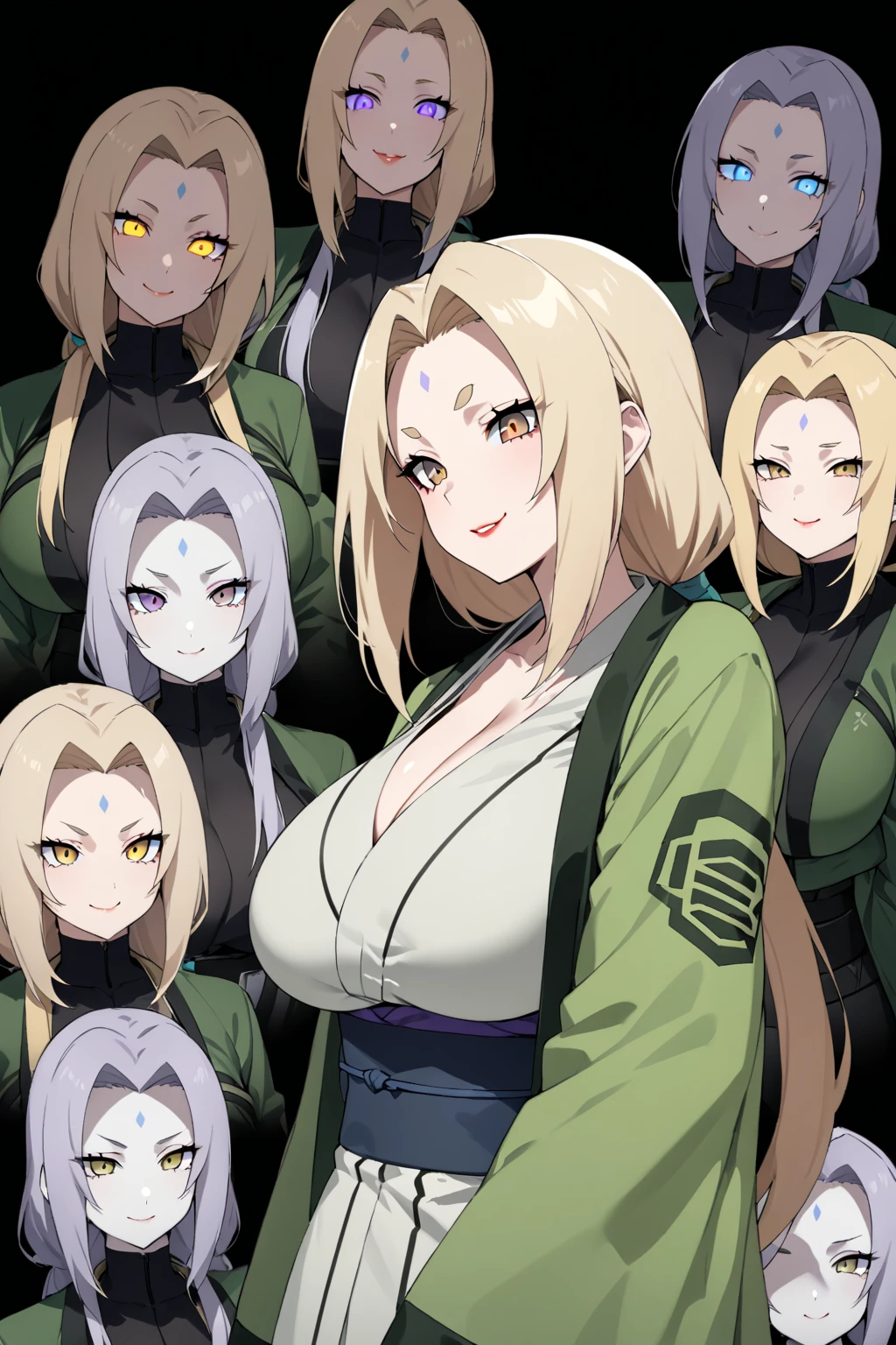 （（（完美shape，shape，Alone，  White Soft Skin ，（（（ cyberpunk，Tsunade, Japanese clothing, band,  jacket，A tea green long  jacket with black edges, black belt,  ））），（（（T5un4D3,  Light Yellow Long Hair ,  blue-purple spots on the forehead ,  thin short eyebrows in pale yellow,  Light brown pupils  , Thin red lips））），((masterpiece)), High Definition , ((Best quality at best))，masterpiece，quality，Best quality，（（（  three-dimensional and beautiful face ， watching the audience, there is light in the eyes ，(（（smile， Confidence )））)，））），型shape:1.7））），（（（Light and Dark，huge breasts））），（（（ staring at the camera， black background）））