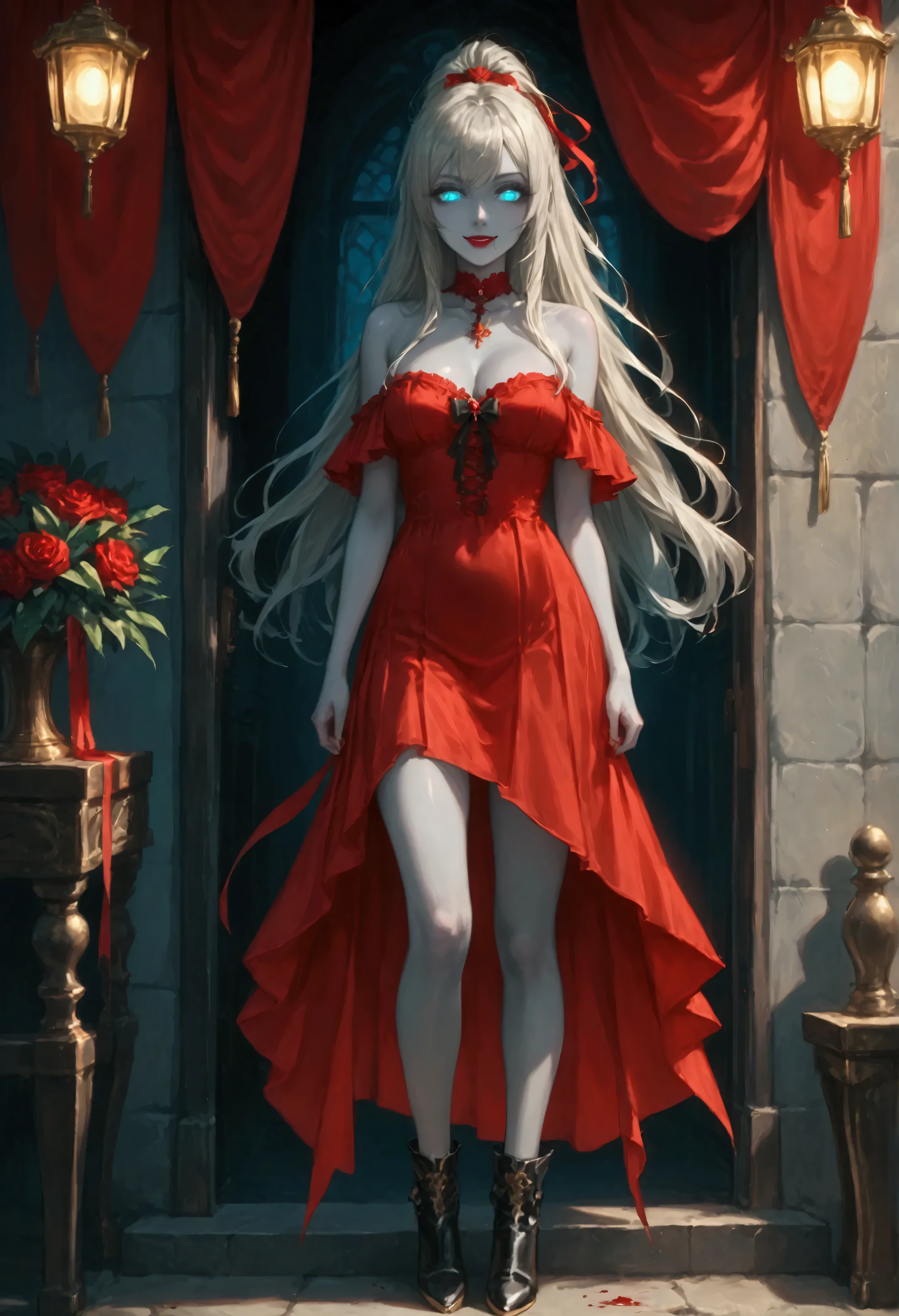 score_9, score_8_up, score_7_up, score_6_up, score_5_up, score_4_up, a picture of vampire standing in the front of her home holding a (blood: 1.3) dripping (gift box: 1.5), an exquisite beautiful female vampire in her front door of her home, full body (ultra detailed, Masterpiece, best quality), ultra detailed face (ultra detailed, Masterpiece, best quality), grey skin: 1.3 , blond hair, hair in a ponytail, long hair, blue eyes, cold eyes, glowing eyes, intense eyes, smile with [drops of blood on face] (ultra detailed, Masterpiece, best quality), dark red lips, [vampire fangs], wearing red dress (ultra detailed, Masterpiece, best quality), (green: 1.4) dark green cloak, (green: 1.3) green high heeled boots in front of her home, high details, best quality, 16k, [ultra detailed], masterpiece, best quality, (ultra detailed), full body, ultra wide shot, photorealism, luis royo style, dark fantasy art, moon light coming through the window, moon rays, gothic art, sense of dread, sense of seduction,