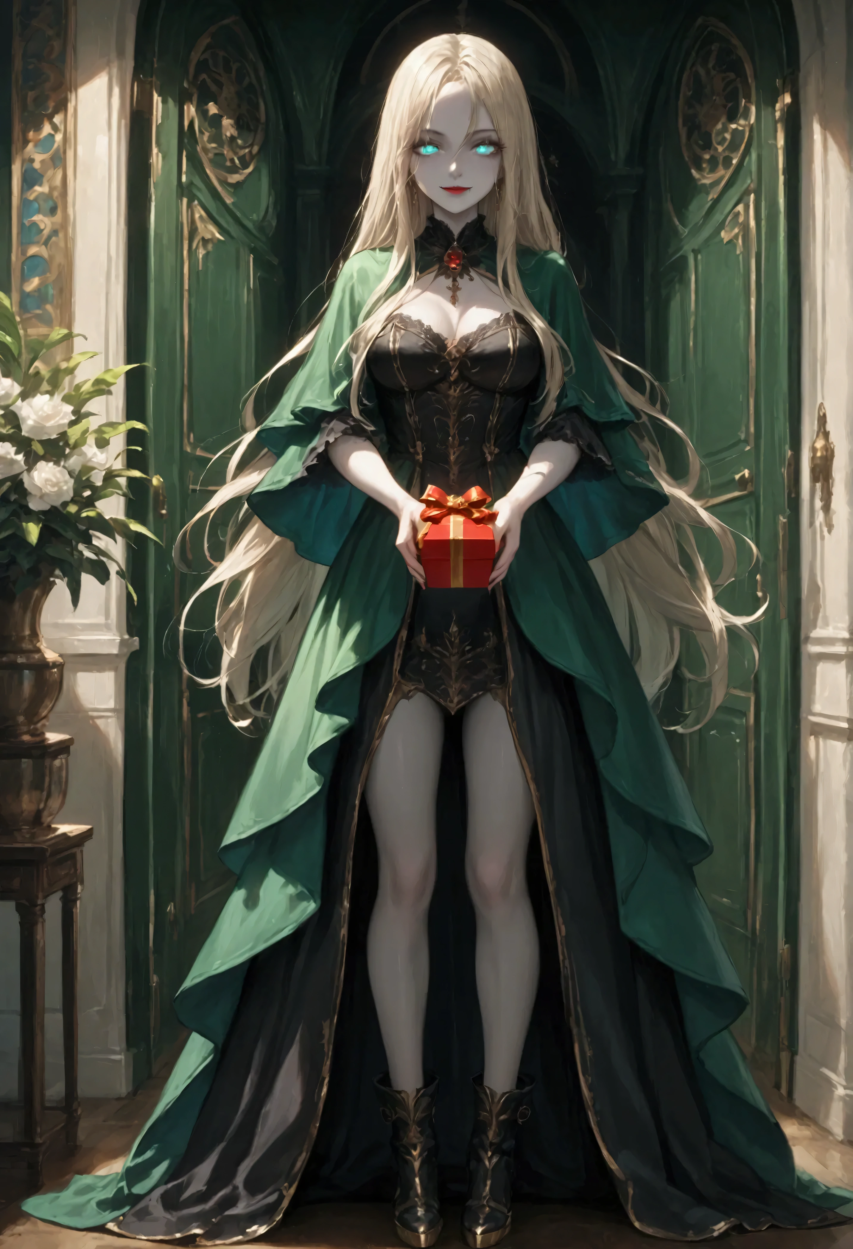 score_9, score_8_up, score_7_up, score_6_up, score_5_up, score_4_up, a picture of vampire standing in the front of her home holding a (blood: 1.3) dripping (gift box: 1.5), an exquisite beautiful female vampire in her front door of her home, full body (ultra detailed, Masterpiece, best quality), ultra detailed face (ultra detailed, Masterpiece, best quality), grey skin: 1.3 , blond hair, hair in a ponytail, long hair, blue eyes, cold eyes, glowing eyes, intense eyes, smile with [drops of blood on face] (ultra detailed, Masterpiece, best quality), dark red lips, [vampire fangs], wearing red dress (ultra detailed, Masterpiece, best quality), (green: 1.4) dark green cloak, (green: 1.3) green high heeled boots in front of her home, high details, best quality, 16k, [ultra detailed], masterpiece, best quality, (ultra detailed), full body, ultra wide shot, photorealism, luis royo style, dark fantasy art, moon light coming through the window, moon rays, gothic art, sense of dread, sense of seduction,