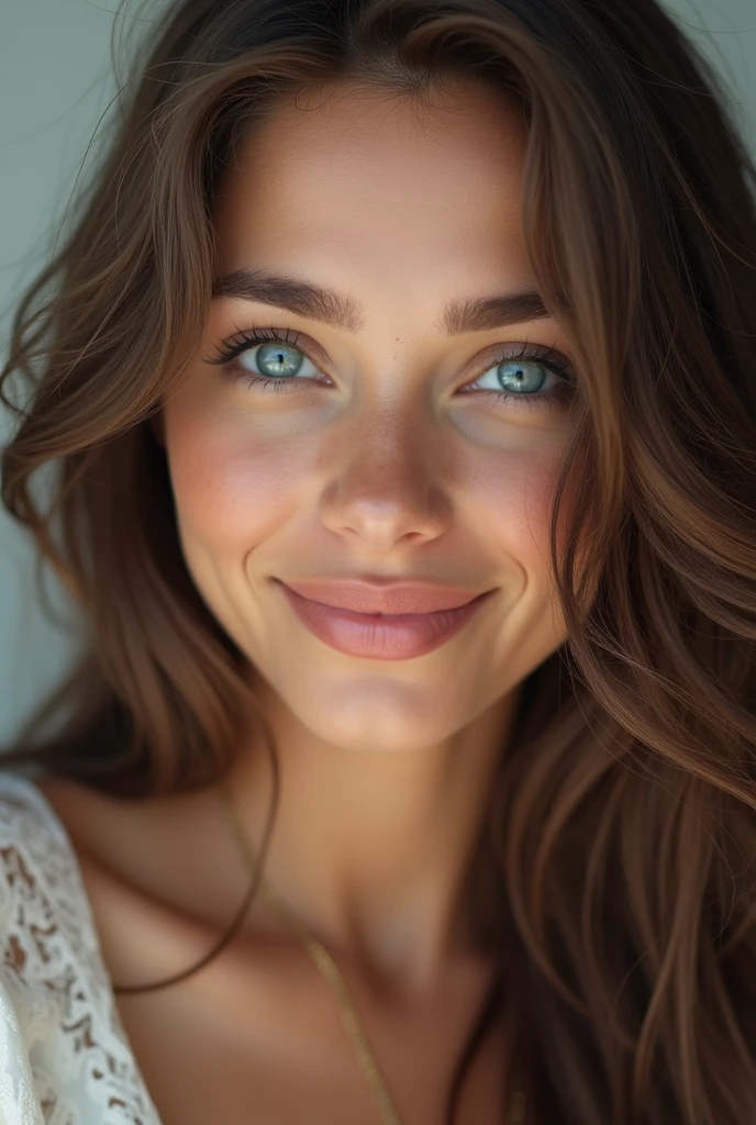 Beautiful brunette, very detailed, 21 ans, visage innocent, natural wavy hair, blue eye, high resolution, masterpiece, best quality, intricate details, very detailed, mise au point nette, detailed skin, texture de peau réaliste, texture, detailed eyes, professionnel, 4K, charming smile, filmed on Canon, 85 millimeters, shallow depth of field, Kodak Vision Color, corps parfaitement ajusté, extremely detailed, Photograph_\(ultra\), Photorealistic, realistic, Post-traitement, maximum details, roughness, real life, ultra realistic, photorealism, photographie, 8k uh, photographie, travail, bureau