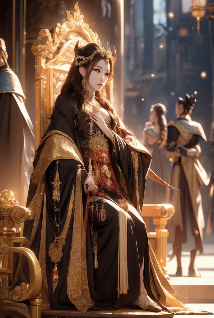  Three Kingdoms、 in a glittering emperor's costume 、 sits on a throne、Arrogant attitude with legs crossed、