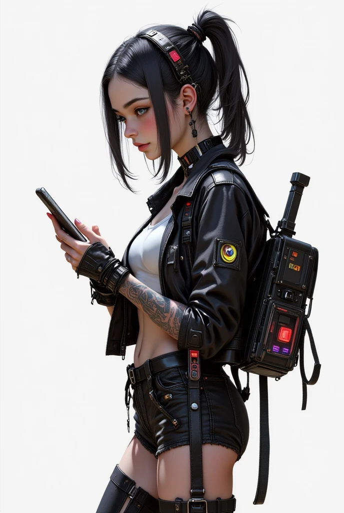 Young woman (age:1.1, ethnicity:1.2),  profile view,  looking downward at smartphone (detailed phone screen:1.1),  with a stylized cyberpunk fashion,  (detailed clothing:1.2), (accessories:1.1).  She is wearing  black leather jacket with colorful embroidered patches (detailed patches:1.2),  a white crop top.  (detailed skin texture:1.2),  black shorts with decorative elements, leg wraps with buckles (detailed straps:1.2),  and multiple colorful tattoos (detailed tattoos:1.2).  She has a high ponytail, (short haircut:1.1)  dark hair,  and glasses (detailed glasses:1.2).  (facial features:1.3), (expression:1.2), (body type:1.1),  (pose:1.2).  The setting is simplistic (studio white background:1.1).  The composition is centered,  with a 3/4 view of her from the hip up.  Soft lighting highlights facial features, medium color palette,  digital art style.  photorealistic rendering,  detailed hair,  high detail, (sharp focus:1.1), intricate details,  8k resolution.