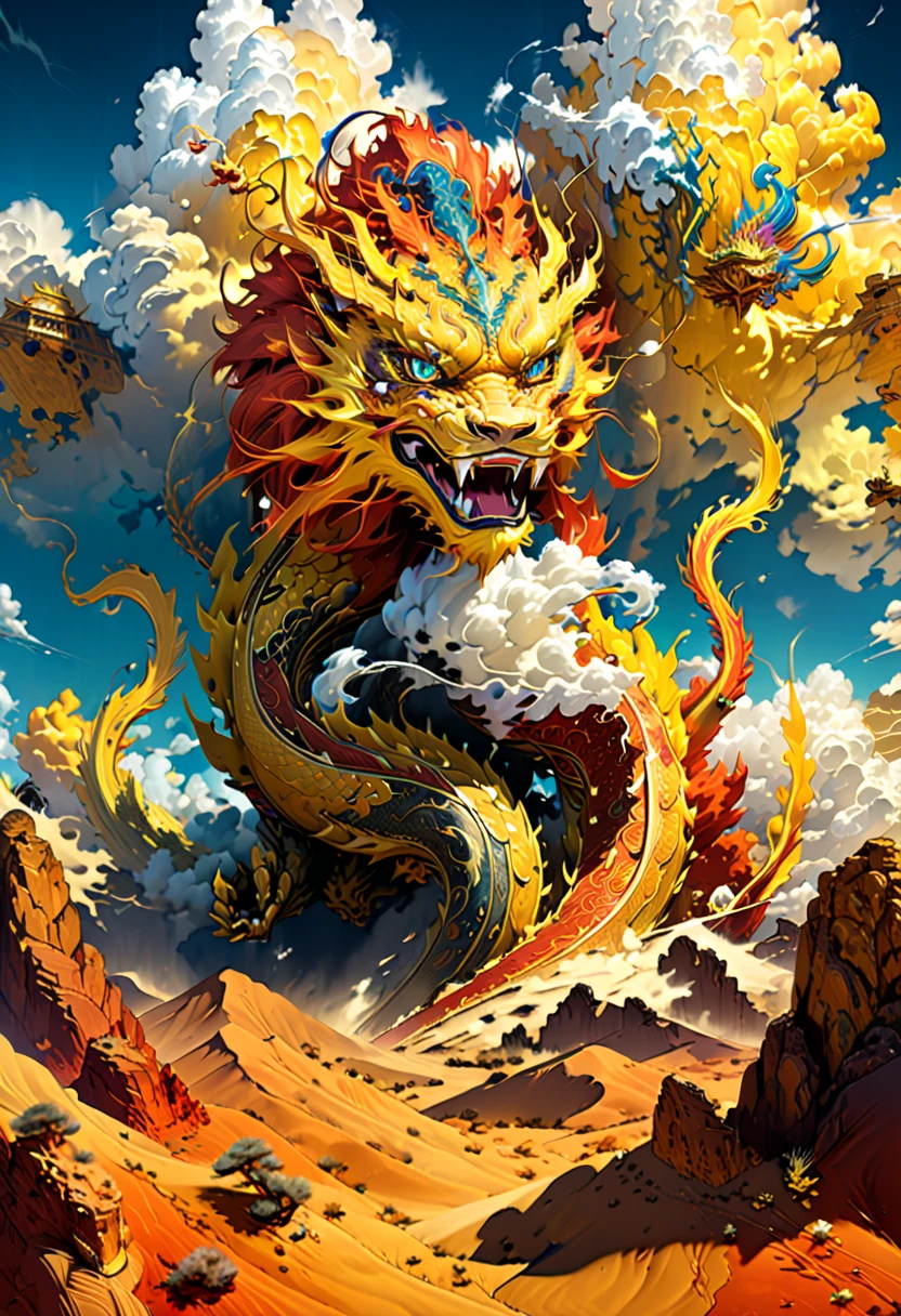 (The main subject: wide wide shot), The flame yellow, [Multicolored,(Chinese dragon anthropomorphism)], safe,dramatic clouds,(over the dessert), Rich details​, (Wide sky), (sense of vastness),Energy and vitality, Complicated details.(Best quality, A high resolution, tmasterpiece:1.2), (actual:1.37), HighDynamicRange。