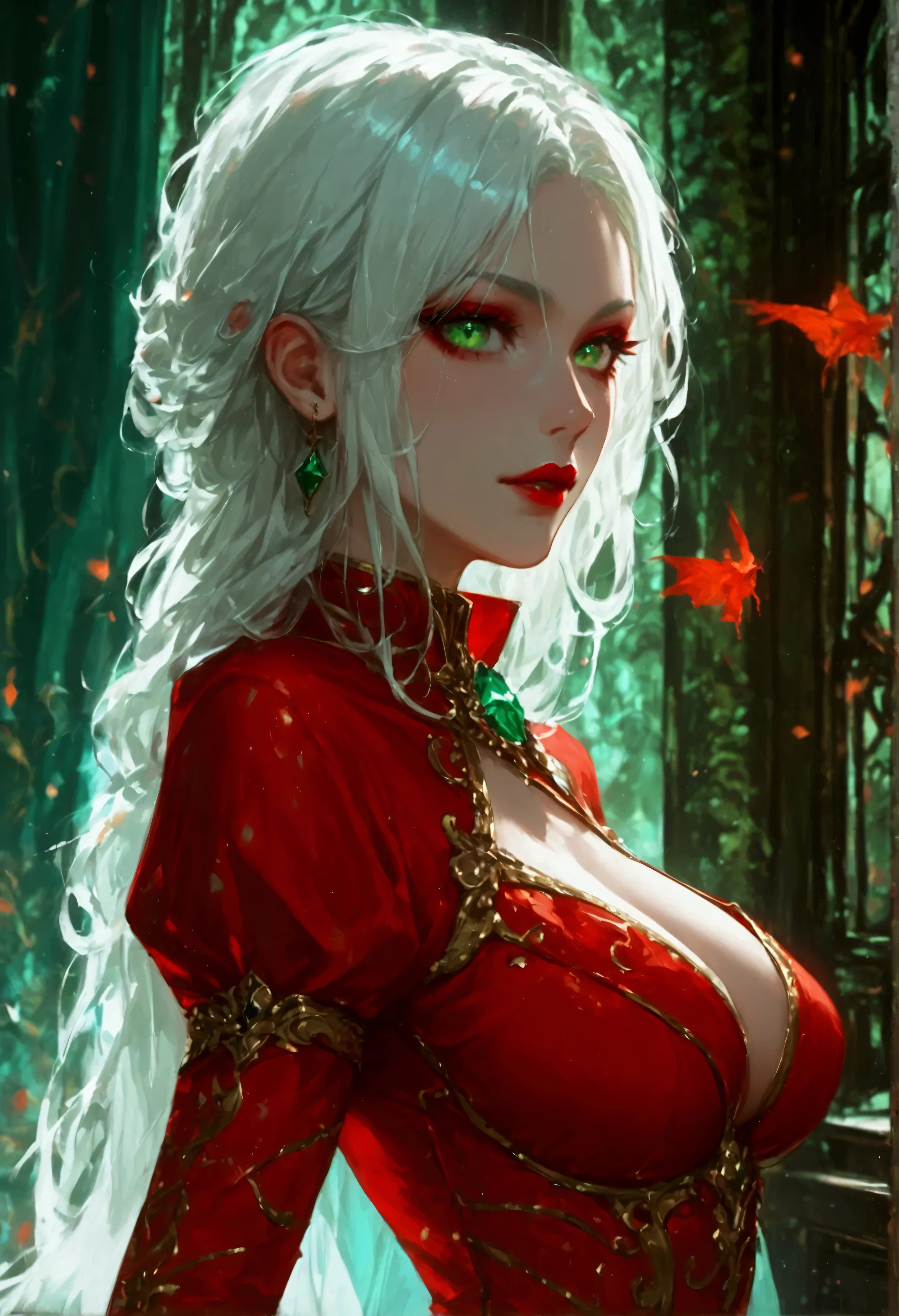 score_9, score_8_up, score_7_up, score_6_up, score_5_up, score_4_up, Arafed, a portrait of an vampire woman, exotic beauty, long hair, white hair, (emerald green eyes), dark red lips, glamour shot, she wears an (red: 1.3) elegant suit, (green cloak: 1.3), high heel boots, full body shot, 16k, ultra detailed, masterpiece, best quality, (extremely detailed), arafed, dnd art Cinematic Shot