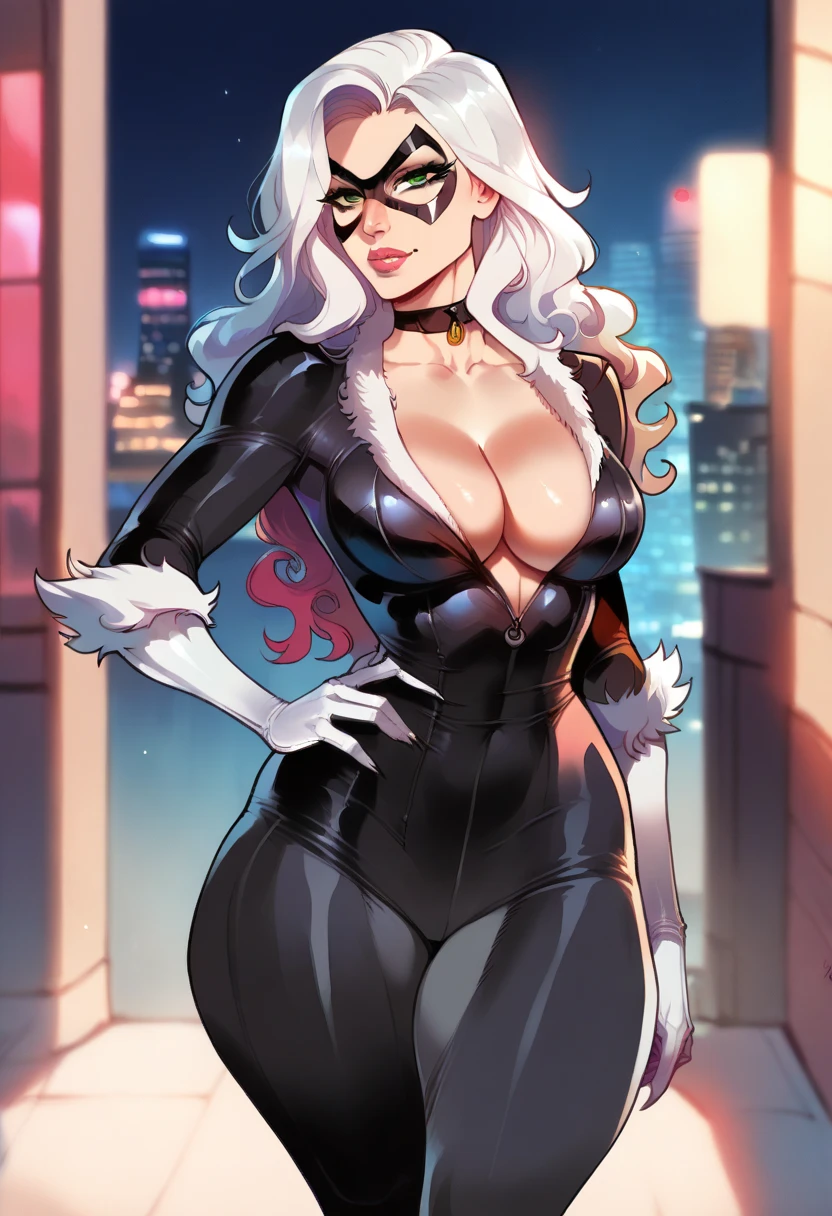 Beautiful woman, big breasts, fit body, hourglass figure, wide hips, athletic, cleavege, decolette, collarbone, blackcatmarvel, 1girl, large breasts, domino mask, black bodysuit, white hair, cleavage, fur trim, superhero, green eyes, choker, white gloves, long hair, lipstick, makeup, collarbone, lips, wavy hair, claws, white footwear, traditional media