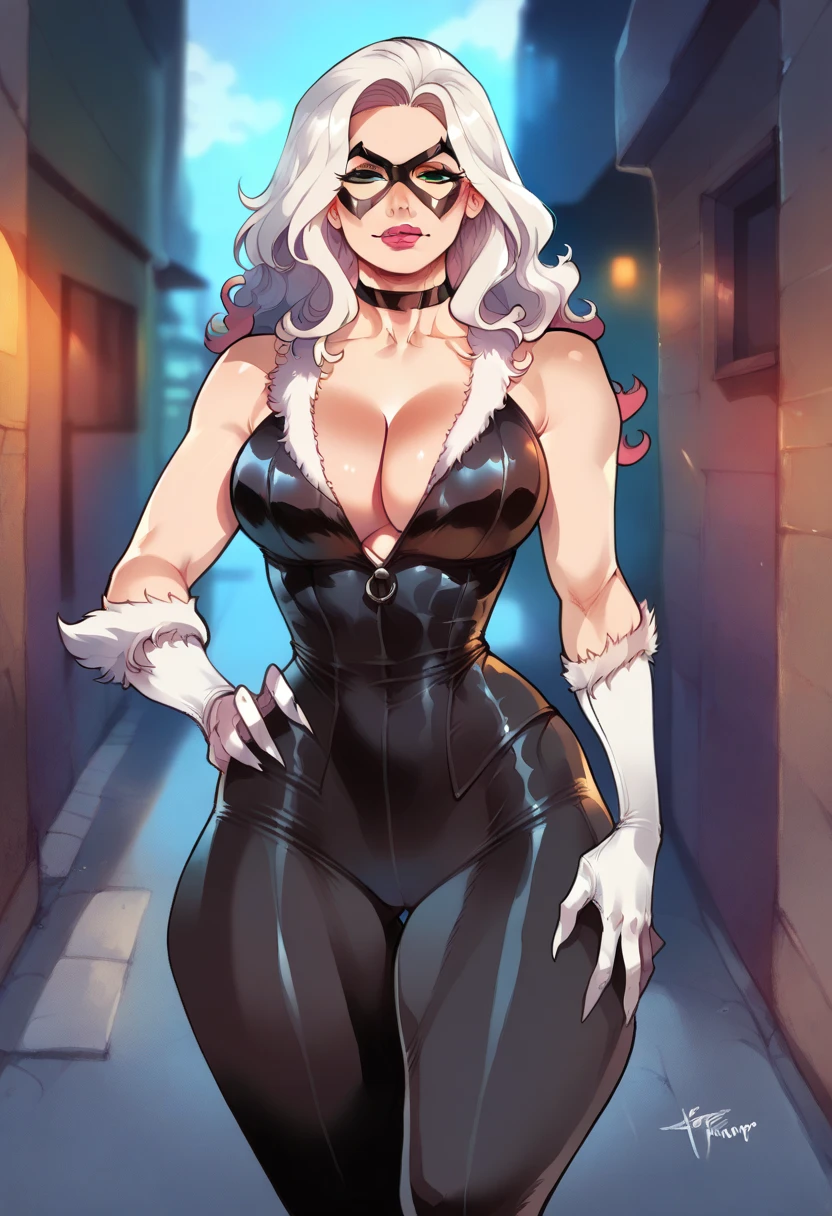 Beautiful woman, big breasts, fit body, hourglass figure, wide hips, athletic, cleavege, decolette, collarbone, blackcatmarvel, 1girl, large breasts, domino mask, black bodysuit, white hair, cleavage, fur trim, superhero, green eyes, choker, white gloves, long hair, lipstick, makeup, collarbone, lips, wavy hair, claws, white footwear, traditional media