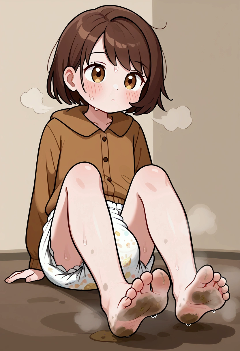 masterpiece, best quality, highres, gloria as a **ddler, girl teenage sitting, wet diaper, very cute, adorable, curious, barefoot sole, foot focus, dirt, smelly, stinky, steamy, sweaty