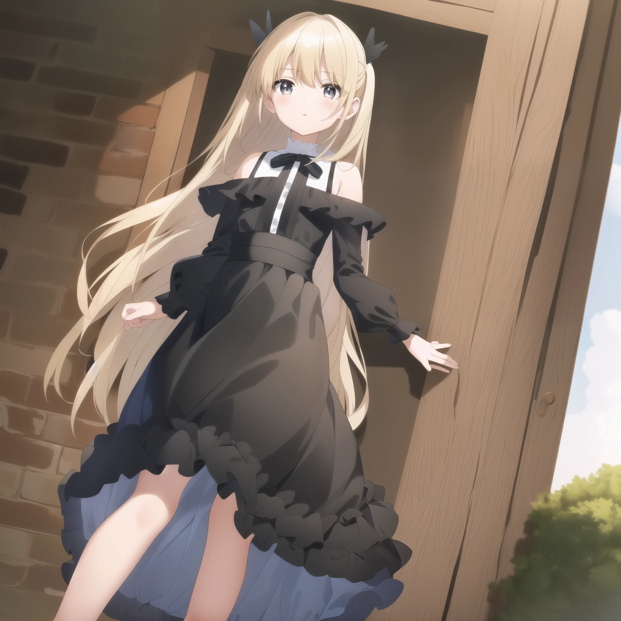 (masterpiece), ( top quality ), Elna ,  One girl , Alone,  viewers,   open mouse over P,  skirt,  Long Sleeve ,  dress, ribbon, Eyebrow hair,  standing, hair ribbon,  cowboy shot, frills, Open lips, black  skirt, black  dress, black ribbon, neck ribbon,  capelets, button, Ruffle sleeves, white ribbon, high-waist  skirt, Arms at sides, black  capelets、子供綿  underwear ,  underwear ,  translucent chemise is visible 、,  low angle、  white print panties、 flat chest,Full body drawing