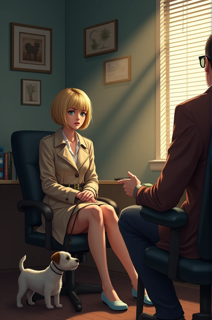 in a white school uniform with a red face and blue eyes and a fringe sitting on the lap of a forty-year-old mobster