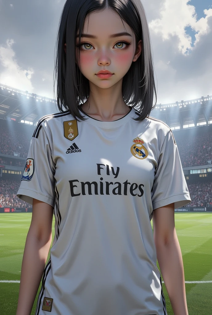 Anime girl (ethnicity:asian, age:1.1), wearing white soccer uniform of Real Madrid (detailed clothing:1.2), (accessories:1.1), (detailed skin texture:1.2), (facial features:1.3), (expression:serious), (body type:athletic), (pose:standing),  facing three-quarters view, lower body facing viewer,  (long black hair:1.2) is centered in a stylized anime illustration; vibrant colors, (realistic skin tones:1.3) depicting a soccer field (green field:1.1) in the background, stadium stands are visible in the hazy background;  bright lighting focuses on character detail;  dynamic and energetic composition;  photorealistic style, anime art;  (detailed uniform:1.3); athletic pose, confident expression, illustration, vibrant colors, (high detail:1.3), (sharp focus:1.3).