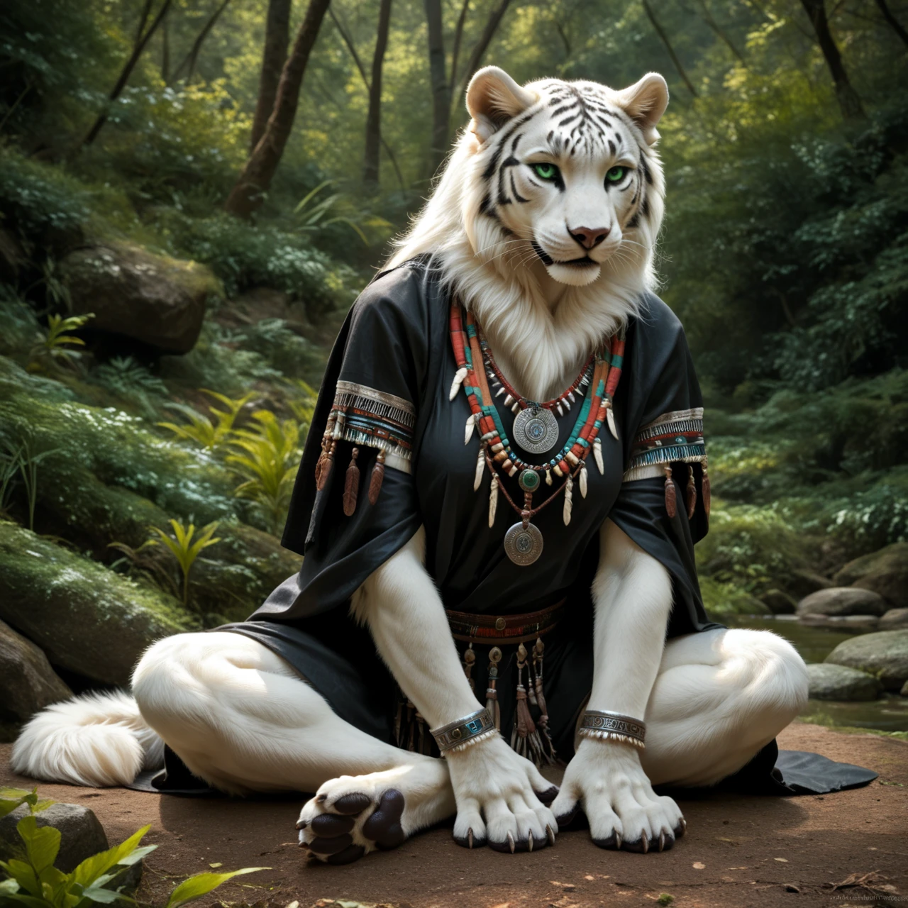 score_9, score_8_up, score_7_up, score_6_up, white panther, female, with mane, indian archer, indian tribal clothing, anthro, sits, human-like hands, (detailed background), nature, in the high mountains, white fur, (solo), high quality, furred body, paws, handpaw, fluffy, silver bracelets on all legs, silver bracelets on the calf, with claws, silver collar with medallion, intense panther-coat-pattern on the entire body, makes grimaces, strong dark coat markings, (detailed eyes, green eyes), slightly muscled, highly detailed, realistic white fur, beautiful, photorealism, photorealistic, dslr, photo, full body, pawpads, paw pads, dutch angle