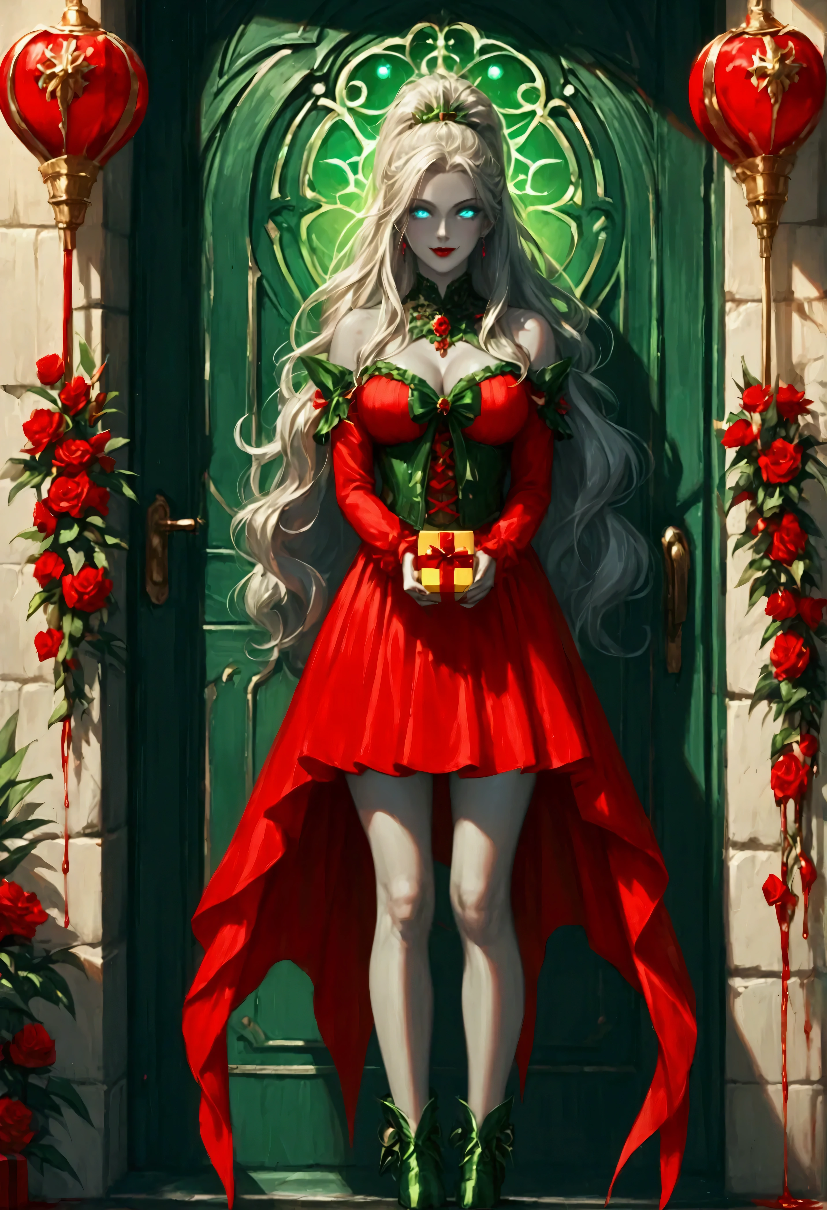 score_9, score_8_up, score_7_up, score_6_up, score_5_up, score_4_up, a picture of vampire standing in the front of her home holding a (blood: 1.3) dripping (gift box: 1.5), an exquisite beautiful female vampire in her front door of her home, full body (ultra detailed, Masterpiece, best quality), ultra detailed face (ultra detailed, Masterpiece, best quality), grey skin: 1.3 , blond hair, hair in a ponytail, long hair, blue eyes, cold eyes, glowing eyes, intense eyes, smile with [drops of blood on face] (ultra detailed, Masterpiece, best quality), dark red lips, [vampire fangs], wearing red dress (ultra detailed, Masterpiece, best quality), (green: 1.4) dark green cloak, (green: 1.3) green high heeled boots in front of her home, high details, best quality, 16k, [ultra detailed], masterpiece, best quality, (ultra detailed), full body, ultra wide shot, photorealism, luis royo style, dark fantasy art, moon light coming through the window, moon rays, gothic art, sense of dread, sense of seduction,