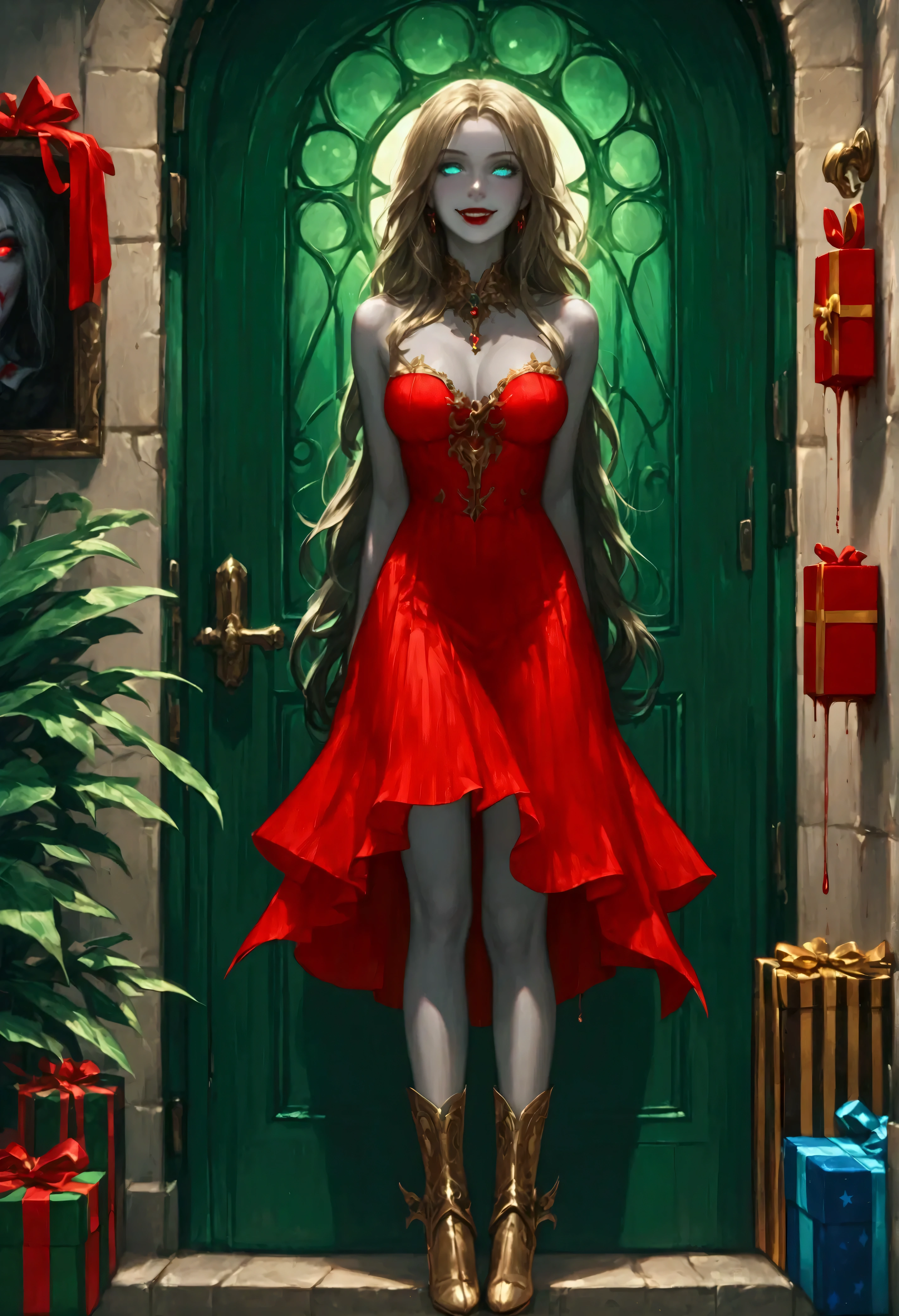 score_9, score_8_up, score_7_up, score_6_up, score_5_up, score_4_up, a picture of vampire standing in the front of her home holding a (blood: 1.3) dripping (gift box: 1.5), an exquisite beautiful female vampire in her front door of her home, full body (ultra detailed, Masterpiece, best quality), ultra detailed face (ultra detailed, Masterpiece, best quality), grey skin: 1.3 , blond hair, hair in a ponytail, long hair, blue eyes, cold eyes, glowing eyes, intense eyes, smile with [drops of blood on face] (ultra detailed, Masterpiece, best quality), dark red lips, [vampire fangs], wearing red dress (ultra detailed, Masterpiece, best quality), (green: 1.4) dark green cloak, (green: 1.3) green high heeled boots in front of her home, high details, best quality, 16k, [ultra detailed], masterpiece, best quality, (ultra detailed), full body, ultra wide shot, photorealism, luis royo style, dark fantasy art, moon light coming through the window, moon rays, gothic art, sense of dread, sense of seduction,