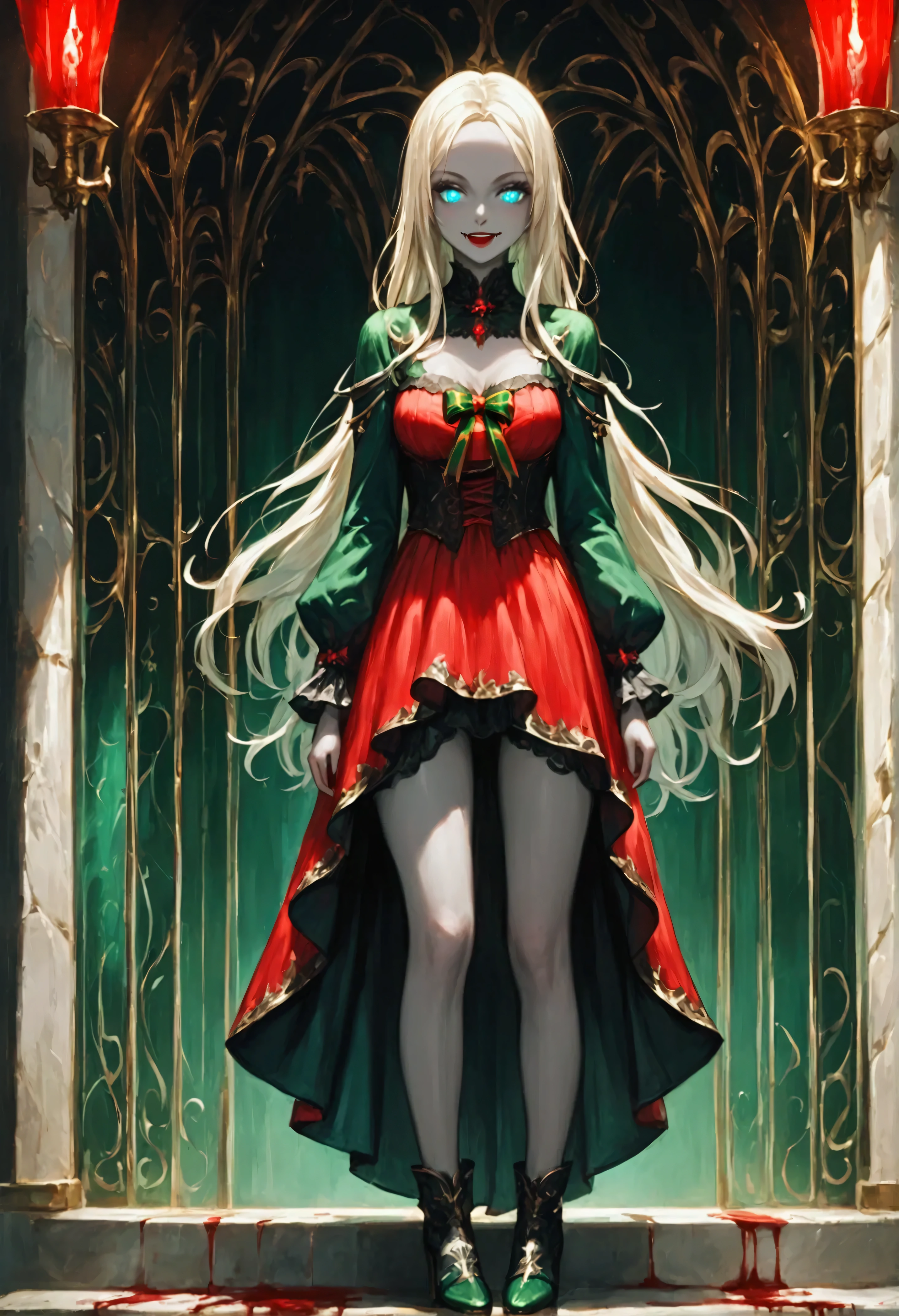 score_9, score_8_up, score_7_up, score_6_up, score_5_up, score_4_up, a picture of vampire standing in the front of her home holding a (blood: 1.3) dripping (gift box: 1.5), an exquisite beautiful female vampire in her front door of her home, full body (ultra detailed, Masterpiece, best quality), ultra detailed face (ultra detailed, Masterpiece, best quality), grey skin: 1.3 , blond hair, hair in a ponytail, long hair, blue eyes, cold eyes, glowing eyes, intense eyes, smile with [drops of blood on face] (ultra detailed, Masterpiece, best quality), dark red lips, [vampire fangs], wearing red dress (ultra detailed, Masterpiece, best quality), (green: 1.4) dark green cloak, (green: 1.3) green high heeled boots in front of her home, high details, best quality, 16k, [ultra detailed], masterpiece, best quality, (ultra detailed), full body, ultra wide shot, photorealism, luis royo style, dark fantasy art, moon light coming through the window, moon rays, gothic art, sense of dread, sense of seduction,