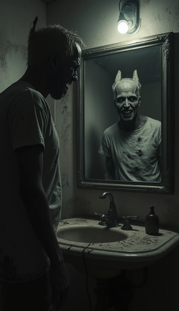  The bathroom in the house is dark ,  illuminated only by a weakly blinking bulb . the  está frente al espejo,  but his reflection does not belong to him .  Instead of his angelic face ,  the mirror shows a grotesque and monstrous creature :  deep black eyes like wells , , deformed horns that emerge from their forehead and a mouth that opens grotesquely,  revealing sharp and uneven teeth .  The carved figure is on the edge of the sink ,  covered in insects that move .  Small worms fall from it and disappear into the drain .

the ,  of matted blond hair ,  stares at the mirror calmly disturbing . his blue eyes, now dull ,  they reflect the darkness of the bathroom .  His t-shirt is soaked and torn ,  showing his chest full of scars ,  and their shorts are full of dark spots that look like oil .