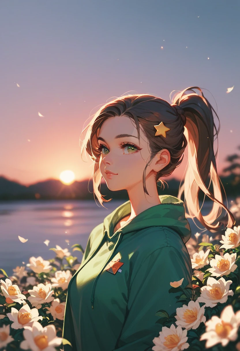 1 Girl，Sunset， atmosphere under the stars，Beautiful light and shadow，Too many thrown flowers block the face，Blurred foreground， brown angled ponytail ，Green sweatshirt