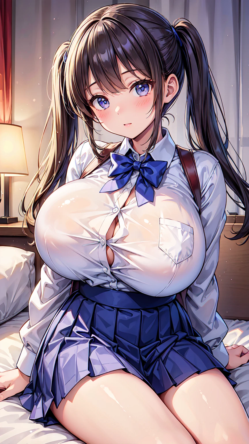  beautiful girl、 twin tails、Huge breasts、 school uniform 、A shirt that looks like a tent、Thighs、luxury hotel suite bedroom