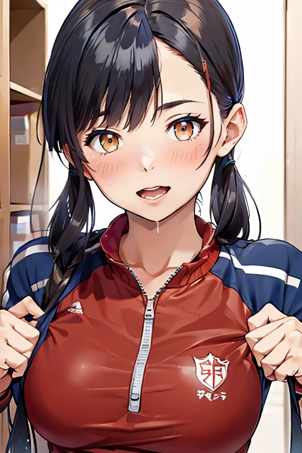 locker room,close-fitting tracksuit,upper body jersey、(Thin type:1.5),( Big Breasts),( Search 。 hairstyles are random),( highest image quality taken by Ki,(8k), super real , 最 High Quality , High Quality , High Definition , High Quality なテクスチャ, high details, beautiful details, Fine details , very detailed CG, detailed texture , realistic expression of face , masterpiece, before)