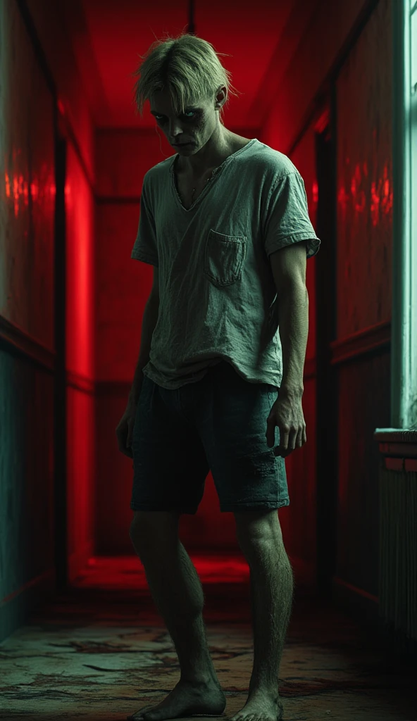  A long, narrow corridor in an old house ,  with walls covered with torn and moisture-stained wallpaper .  At the end of the corridor ,  a door is half open ,  letting out a faint reddish light that vaguely illuminates the figure of the . He is standing, still,  a few meters from the door .  Their blond hair is scrambled ,  as if they hadn't combed it in days . his blue eyes, large and glassy ,  reflect red light ,  giving them an almost supernatural glow .   white t-shirt with dry mud stains and worn shorts that barely hold. His feet are bare,  dirty and with small cuts .
