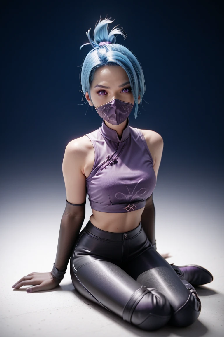 1girl, night thief, blue hair, folded ponytail, purple eyes, ninja mask, mouth mask, purple crop top, black shiny high waisted disco pants, black elbow gloves, thigh boots, sitting on the floor, look at the viewer